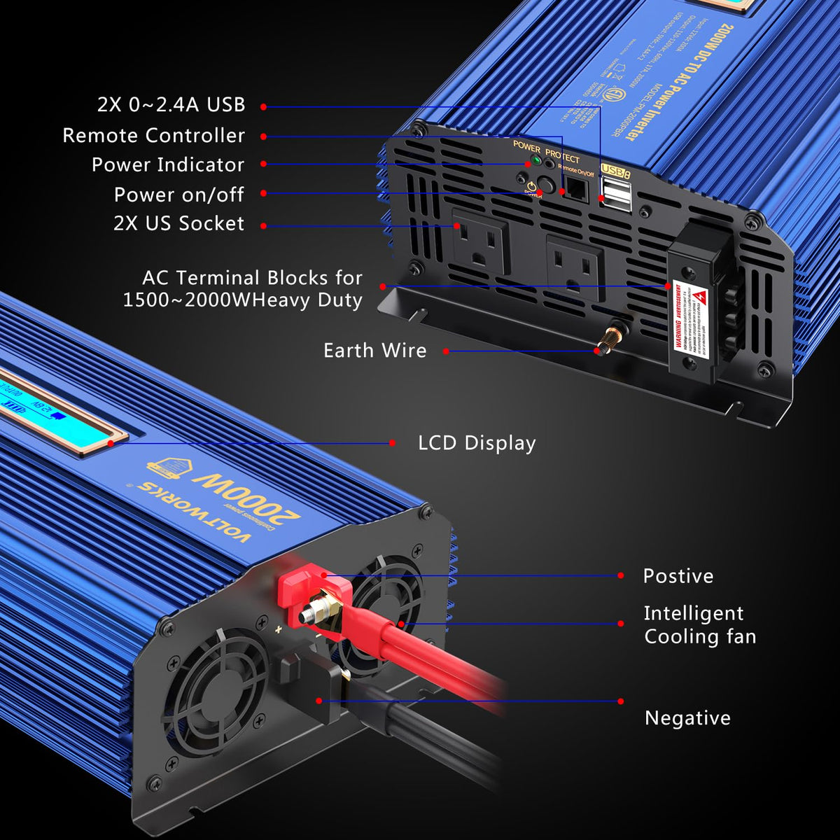 Power Inverter 2000w DC 12V to AC 120V ETL UL458 Compatible with Lithium Battery for Off-Grid Solar Car RV Truck Boat with LCD Display Remote Control 2 AC Outlets Dual 2.4A USB Ports by VOLTWORKS