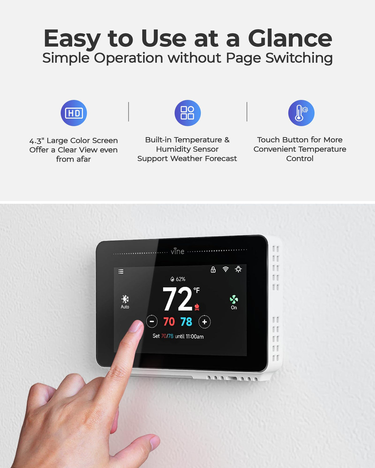 Vine Smart Thermostat for House with Nightlight, 4.3 Inches WiFi Thermostats for Home Compatible with Alexa and Google Assistant, 7day x 8period Programmable, C-Wire Required
