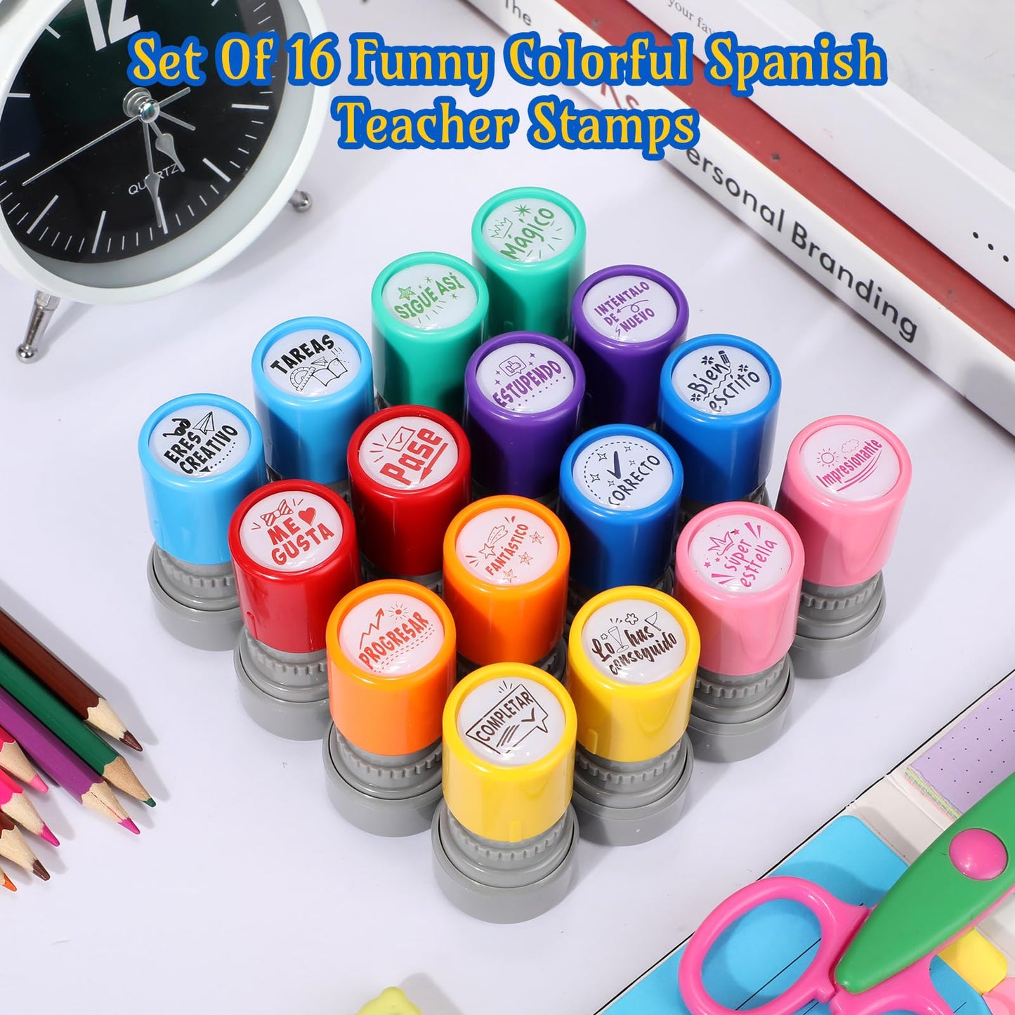 Jetec 16 Pcs Spanish Teacher Self Inking Stamps Teacher Gifts Motivation Grading Stamps for Signature Homework Reward Supplies(Round)