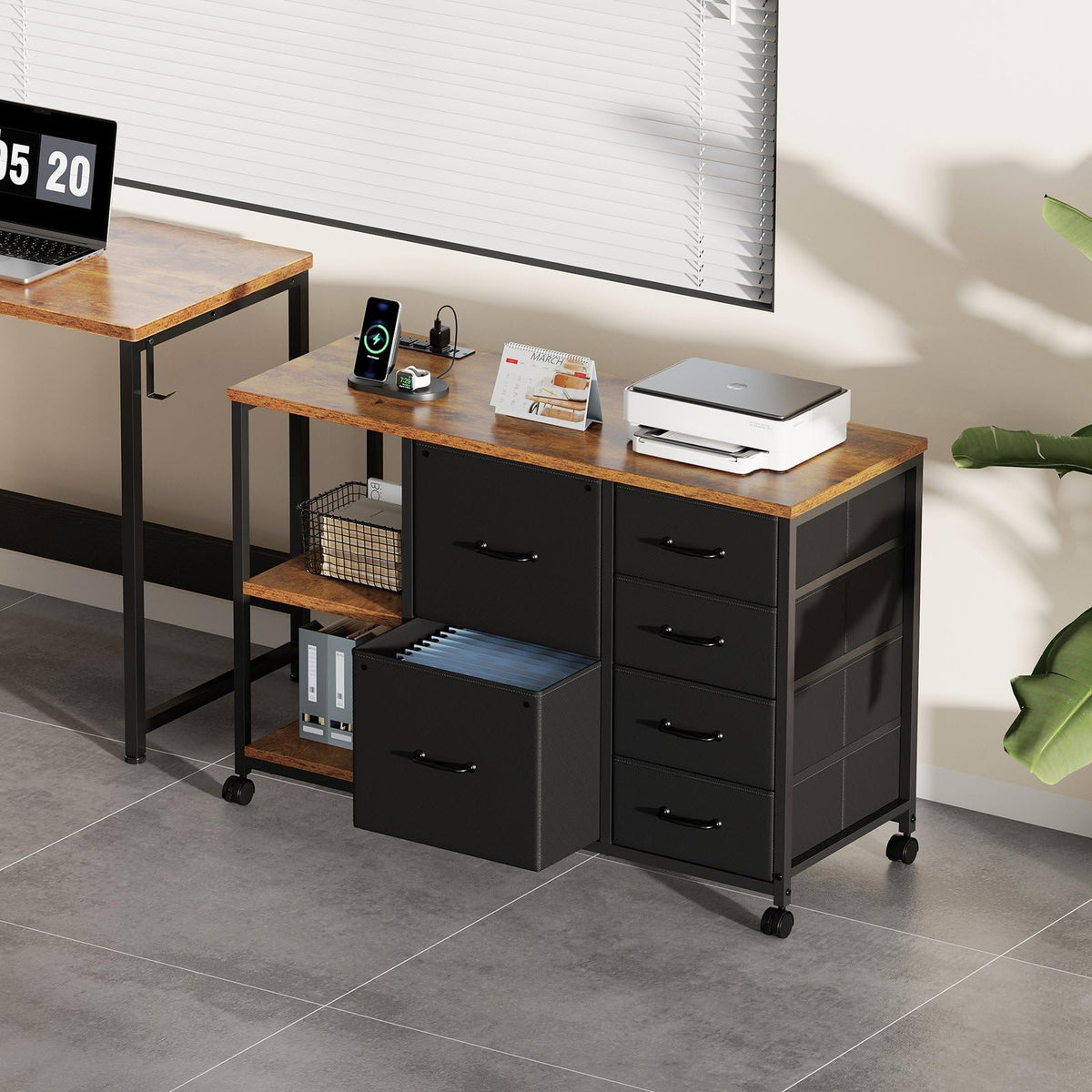 Maihail 6 Drawer File Cabinet with Charging Station Rolling Printer Stand with Open Storage Shelf Fabric Lateral Filing Cabinet for Home Office,Rustic Brown