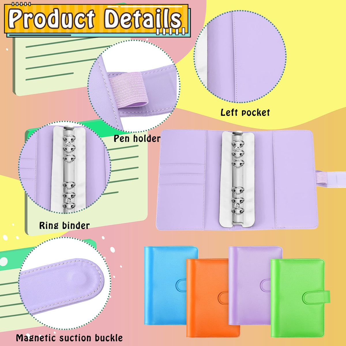 Chuangdi 24 Pcs A6 PU Leather Budget Binder Bulk Refillable 6 Ring Notebook Cover Paper Pocket Loose Leaf Binder Personal Organizer Planner Magnetic Buckle Closure, Gift for Back to School