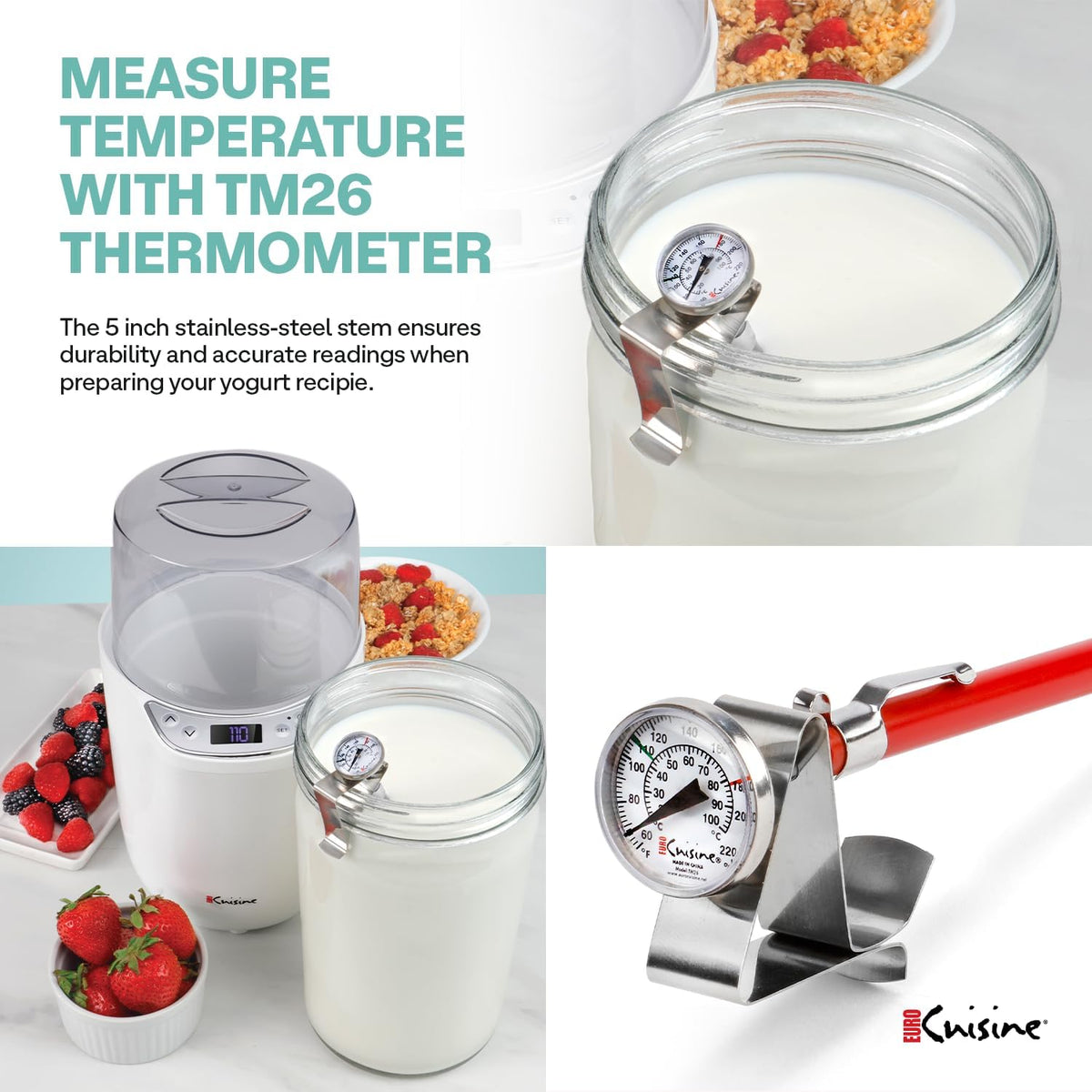Euro Cuisine YM260 Yogurt Maker with Adjustable Time & Temperature Control, 2-Quart Glass Jar, Free Thermometer & Cotton Strainer Bag, 2025 Edition, White, Make Yummy Organic Probiotic Yogurt at Home