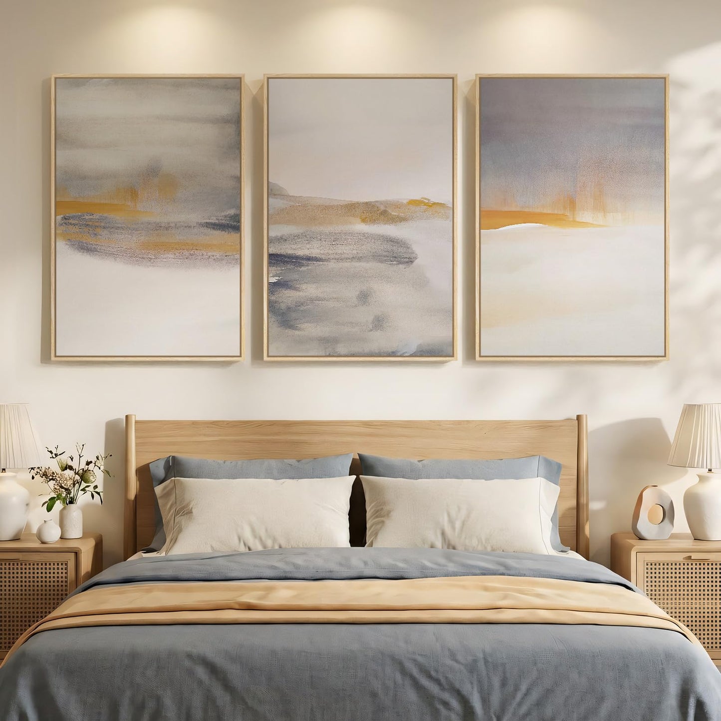 Framed Large Neutral Abstract Wall Art, Set of 3 Canvas Modern Prints Paintings, Minimalist Landscape Beige Gray Picture Artwork Decor for Living Room Bedroom Office 24x36 Inch