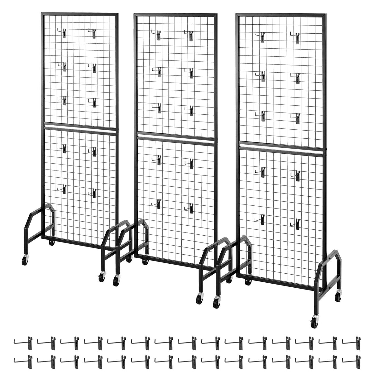 VEVOR 3 Packs Grid Wall Panels, 1.9 x 5.4 ft Wire Grid Panels Display Rack, Movable Art Display Shelf with Wheels and 30 Hooks, Black Carbon Steel Gridwall for Craft Show, Decor, Storage, Notice Board