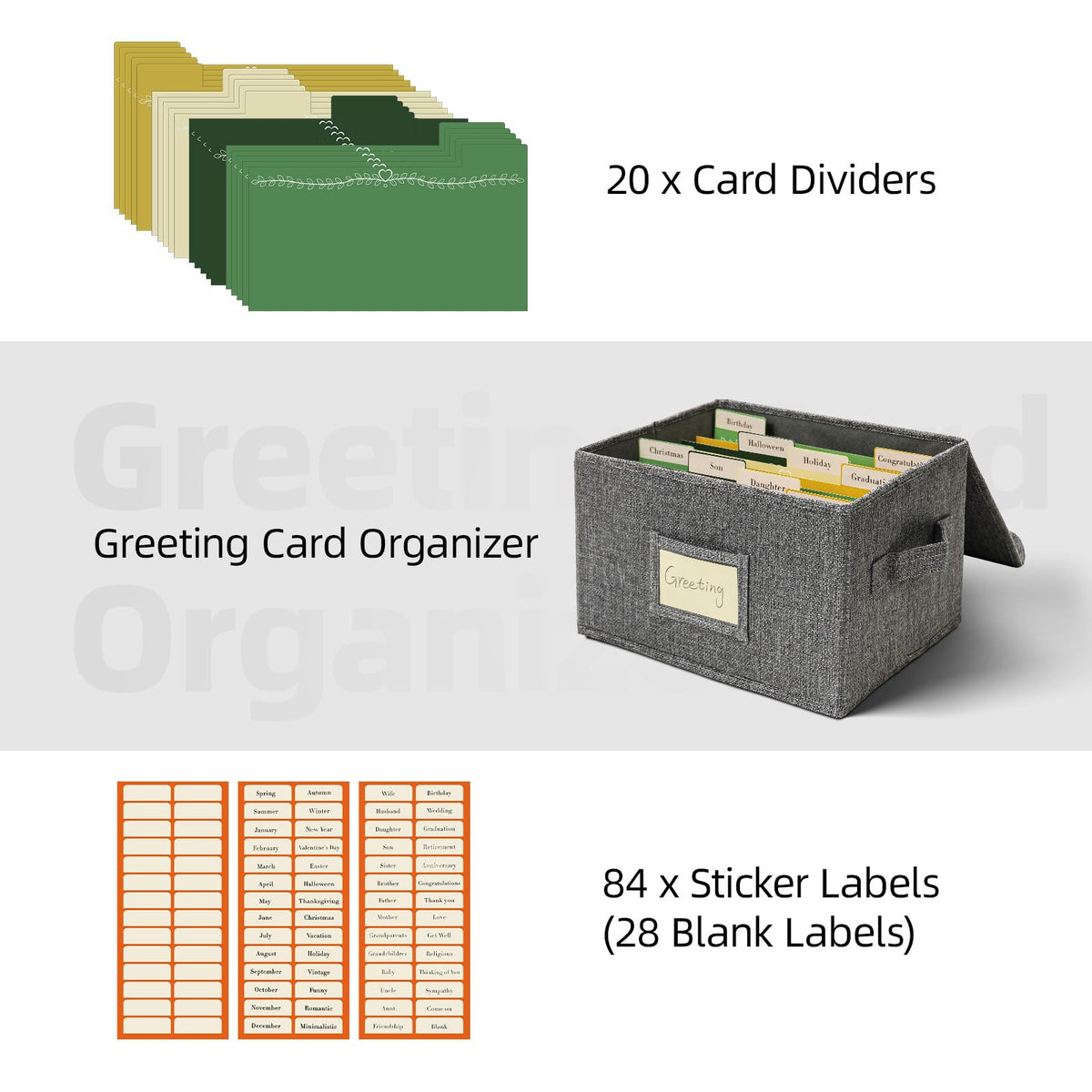 Vienrose Greeting Card Organizer Storage Box with 20 Removable Dividers, 84 Self-stick Labels, Perfect for Photos, Envelopes, Scrapbooking, Paper, Stickers Holder 1 Pack Grey