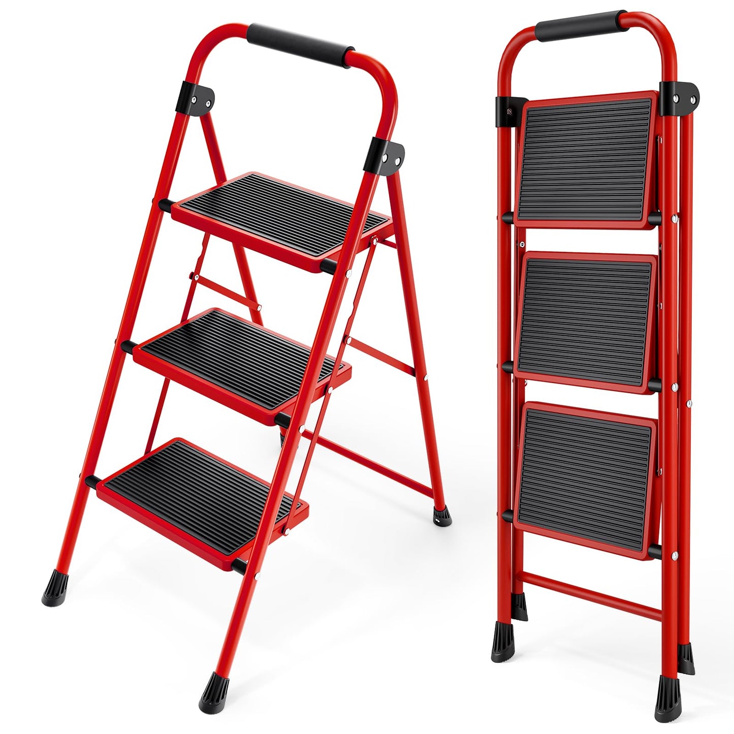 KINGRACK Step Ladder, Folding Ladder with Non-Slip and Wide Pedal, Small Ladder with Handle, Heavy Duty Steel Stool, Lightweight Step Ladder (Red, 3 Step Stool)