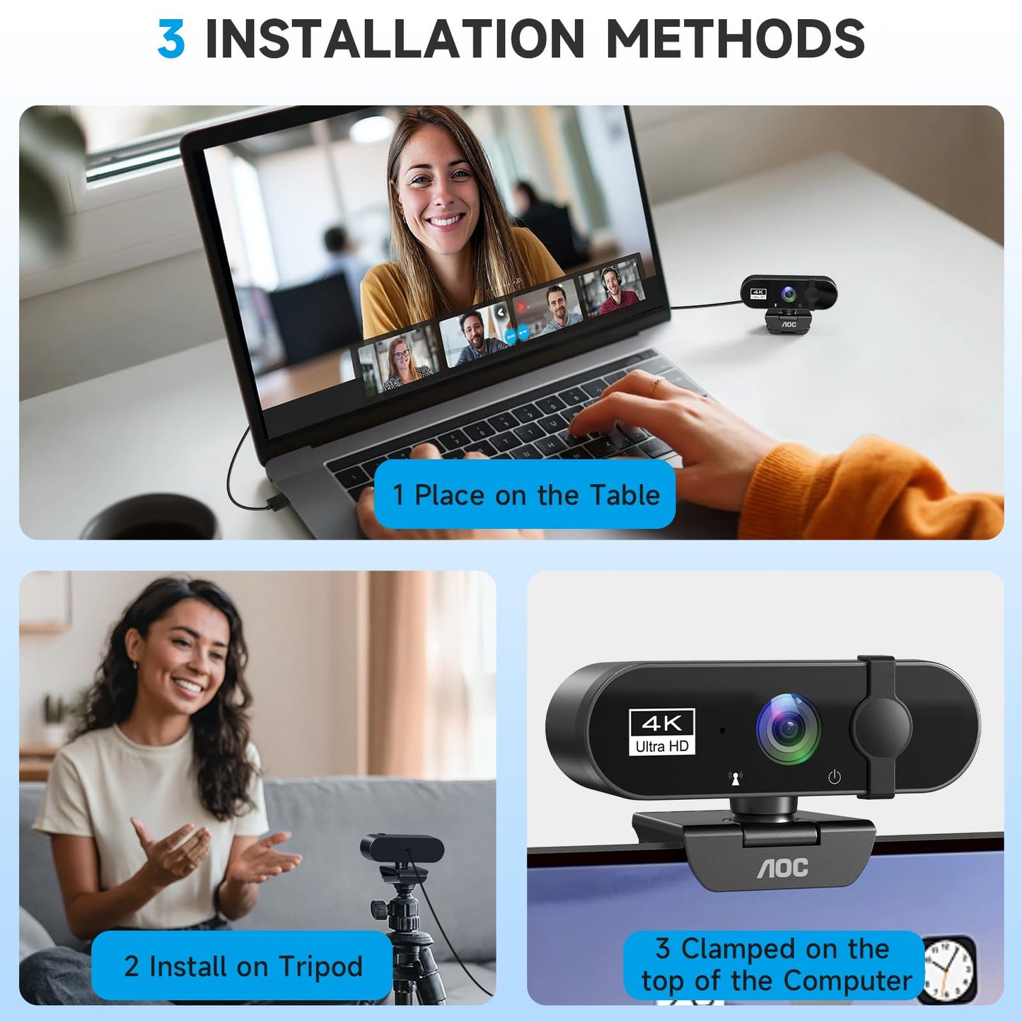 AOC 4k Webcam for PC with Microphone, Computer Camera with Noise Cancellation, Privacy Cover, 99° FOV, Plug & Play USB Webcam for Streaming, Conferencing, Zoom, Skype, Facetime, Laptop, PC, Skype