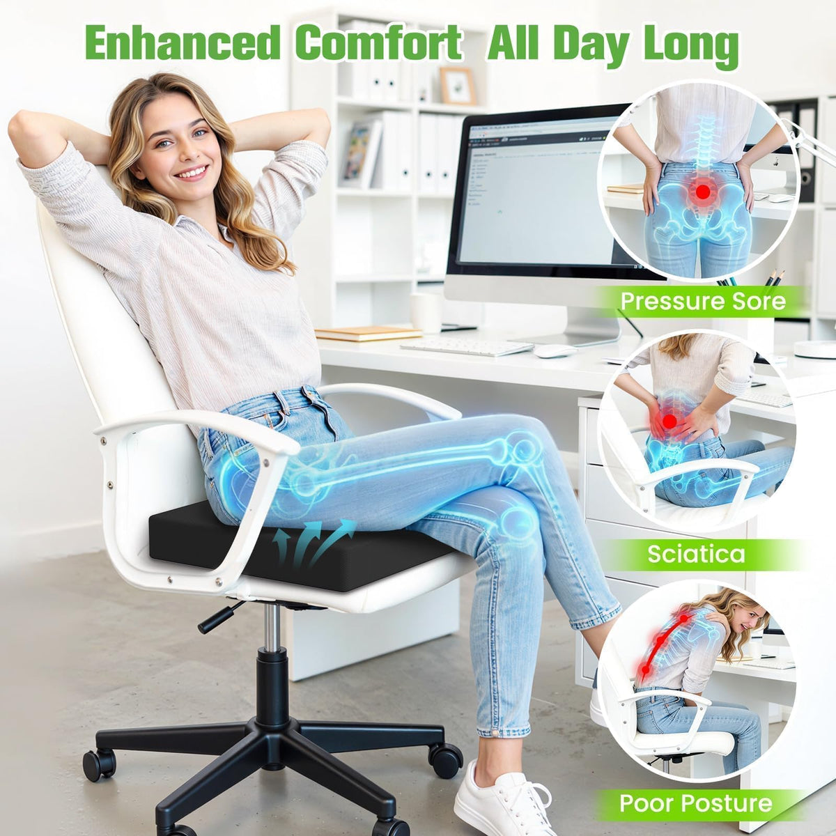 TranquilZone Seat Cushion for Office Chairs, Memory Foam Chair Cushion with Patterned Core for Even Support, Back, Tailbone & Sciatica Relief, Chair Pillow with Carry Handle for Car, Wheelchair(Black)