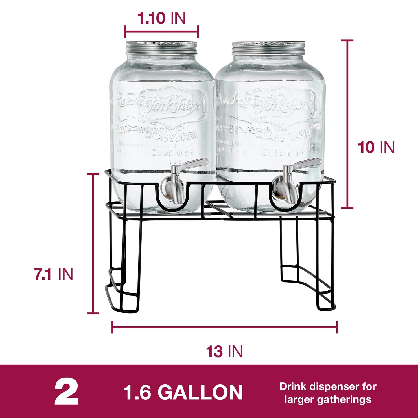 FineDine Glass Drink Dispenser with Stand & Stainless Steel Spigot – 1 Gallon drink dispensers for parties, glass beverage dispenser Set, punch bowl for Lemonade, Juice, Infused Water & More, 2 Pack