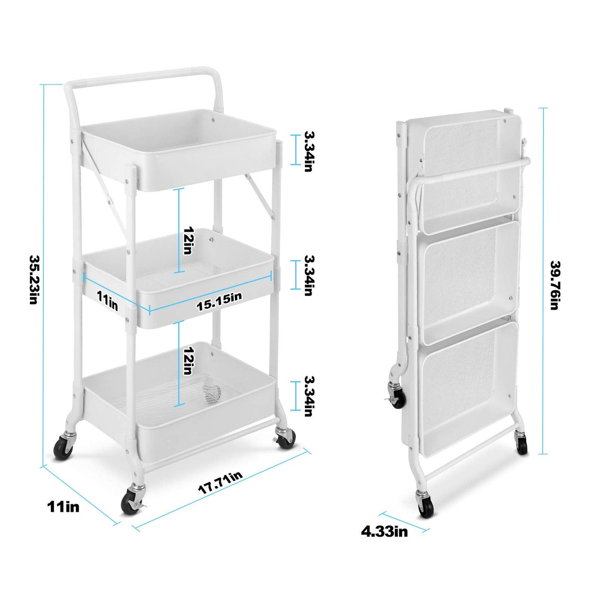 johgee Foldable 3 Tier Metal Utility Rolling Cart, Folding Mobile Multi-Function Storage Trolley Organizer Cart for Home Library Office(White)