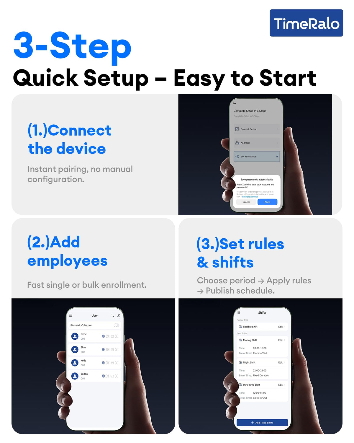 TimeRalo Cloud-Based Time Clock for Small Businesses, 3-in-1 Fingerprint Attendance System with Smart Scheduling, Overtime & Lunch Rules, 2.4GHz WiFi, Auto Reports, No Monthly Fees (with 10 ID Cards)