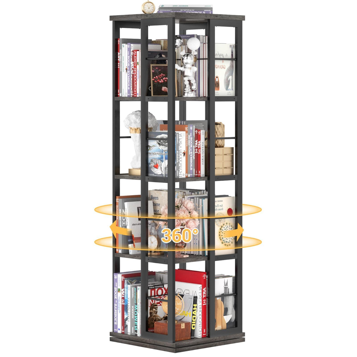 Aheaplus Rotating Bookshelf, 4-Tier Corner Bookshelf, 360 Display Wood Spinning Bookshelf, Floor Standing Bookcase Narrow Shelf Revolving Organizer Storage Rack for Small Space, Grey Oak