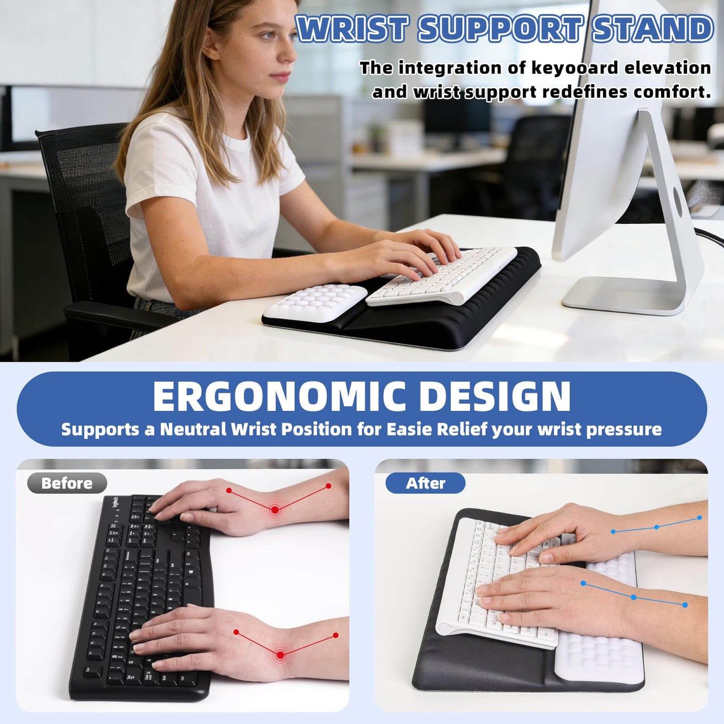 Keyboard Stand with Wrist Rest，Ergonomic Wrist Pad Memory Foam Keyboard Riser Holder Tray with Non-Slip Base, Pain Relief for Work Study Game (Black and White)