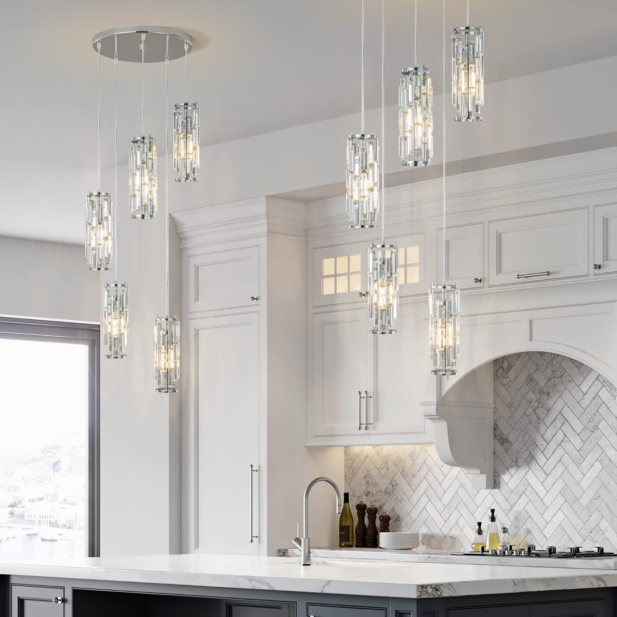 LMQNINE Pendant Light, Chrome Modern Pendant Light Fixtures, Mini Crystal Chandeliers, Adjustable 5-Light Pendant Lighting for Kitchen Island Dinning Room Bedroom (Chrome 5-Light)