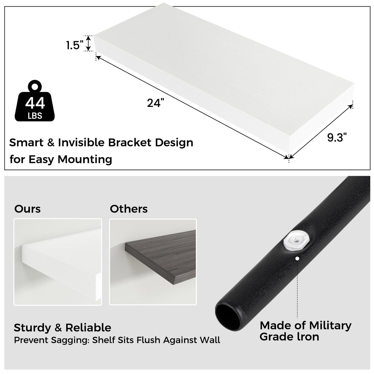 Venusmiles Floating Shelves for Wall, Engineered Wood Wall Shelves with Invisible Brackets for Living Room Bedroom Bathroom Office Kitchen Decor and Storage (White, 24" W x 9" D x 1.5" H) Set of 2