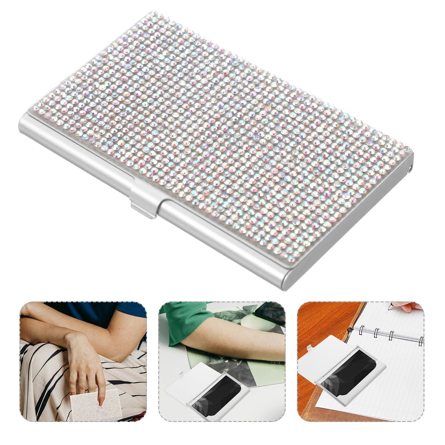 SHINEOFI Rhinestone Business Card Holder Portable Metal Cards Organizer Box Compact Office Card Storage Case 3.62X2.28X0.31In for Professionals