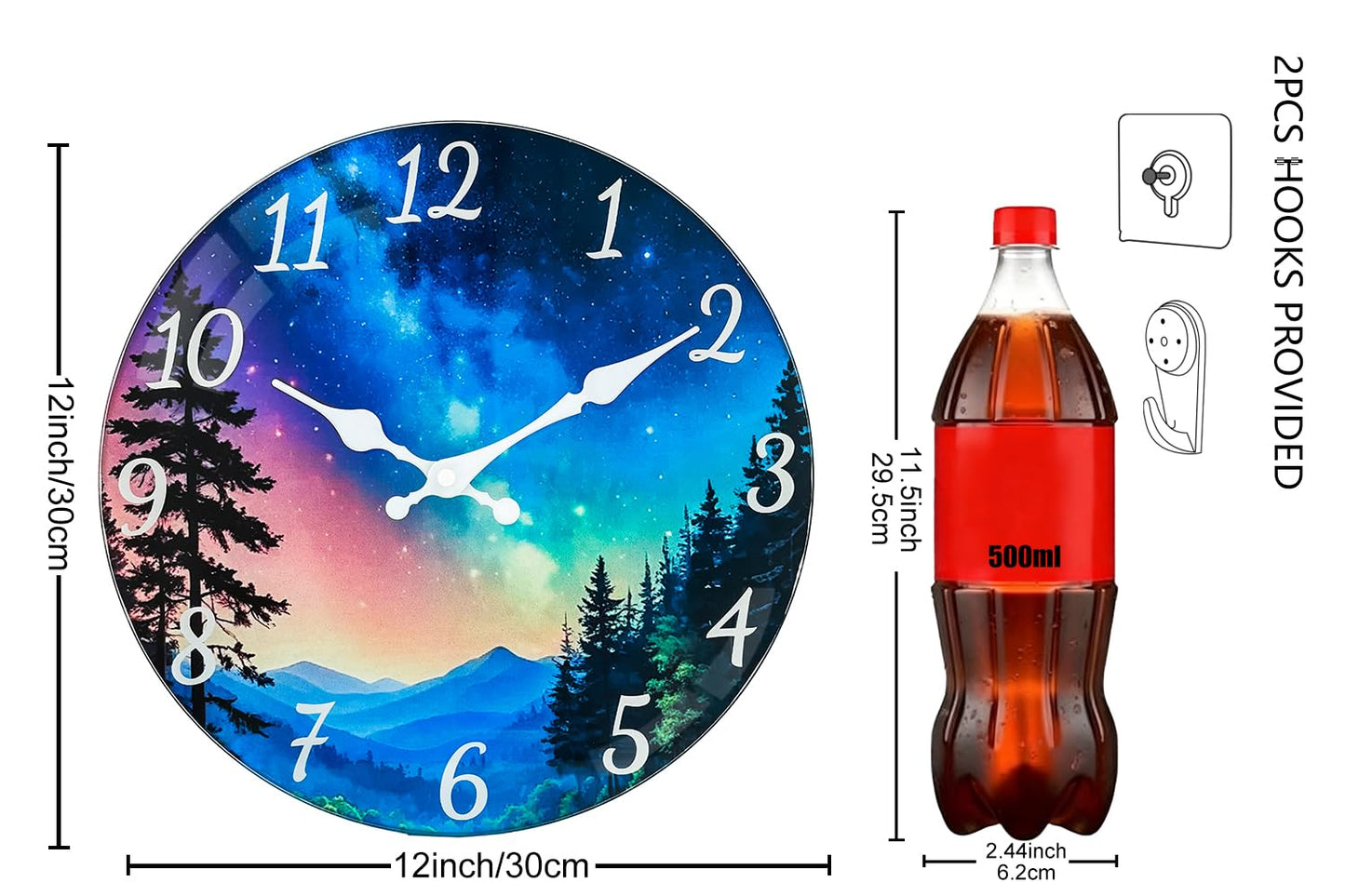 TGHHPC 12 Inch Wall Clocks Battery Operated - Premium Glass Silent Wall Clock, Unique Aurora Non Ticking Decorative Analog Clock for Bedroom Living Room Office Kitchen Gym Hotel Classroom Farmhouse