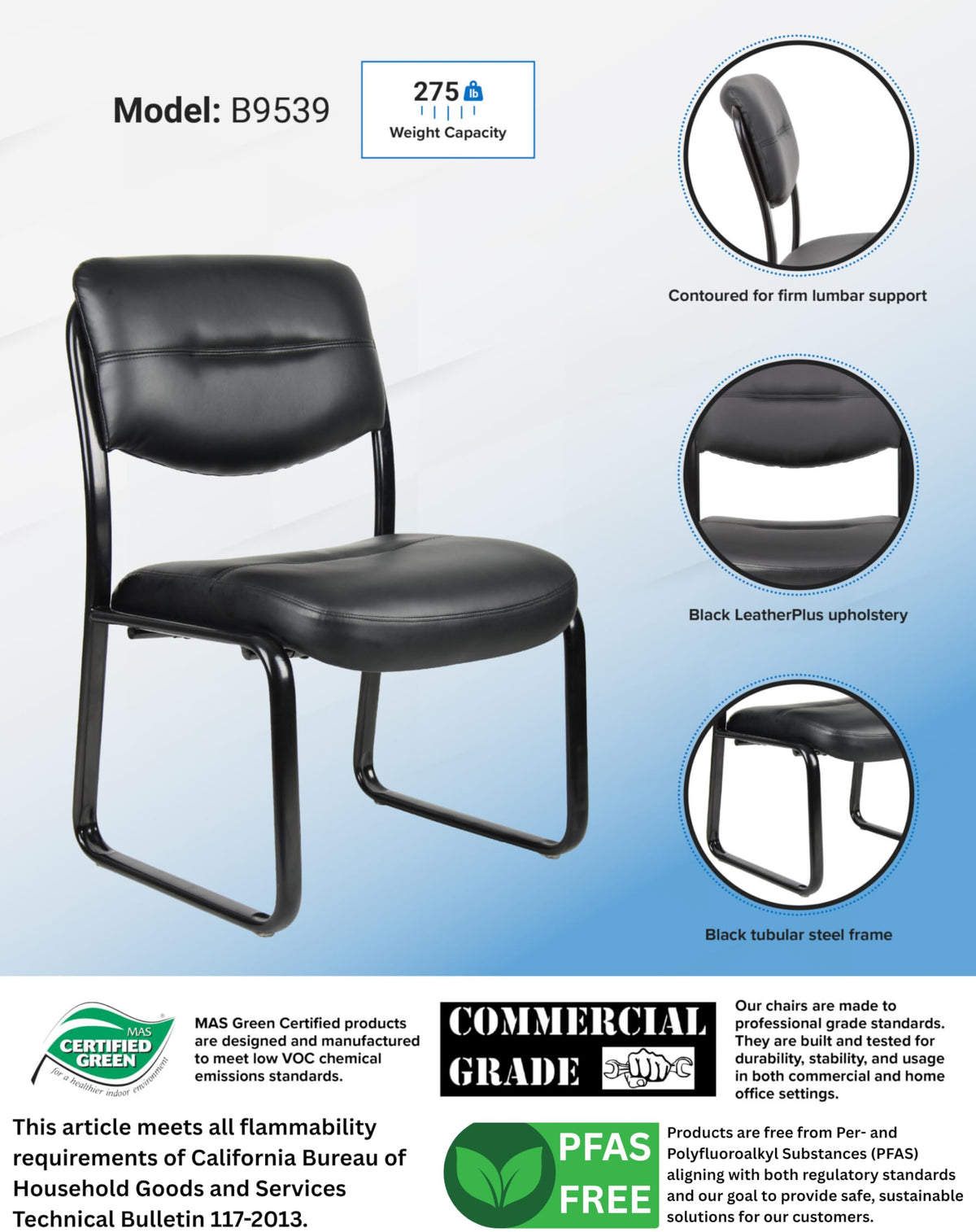 Boss Office Products B9539 Leather Sled Base Side Chair in Black, 250