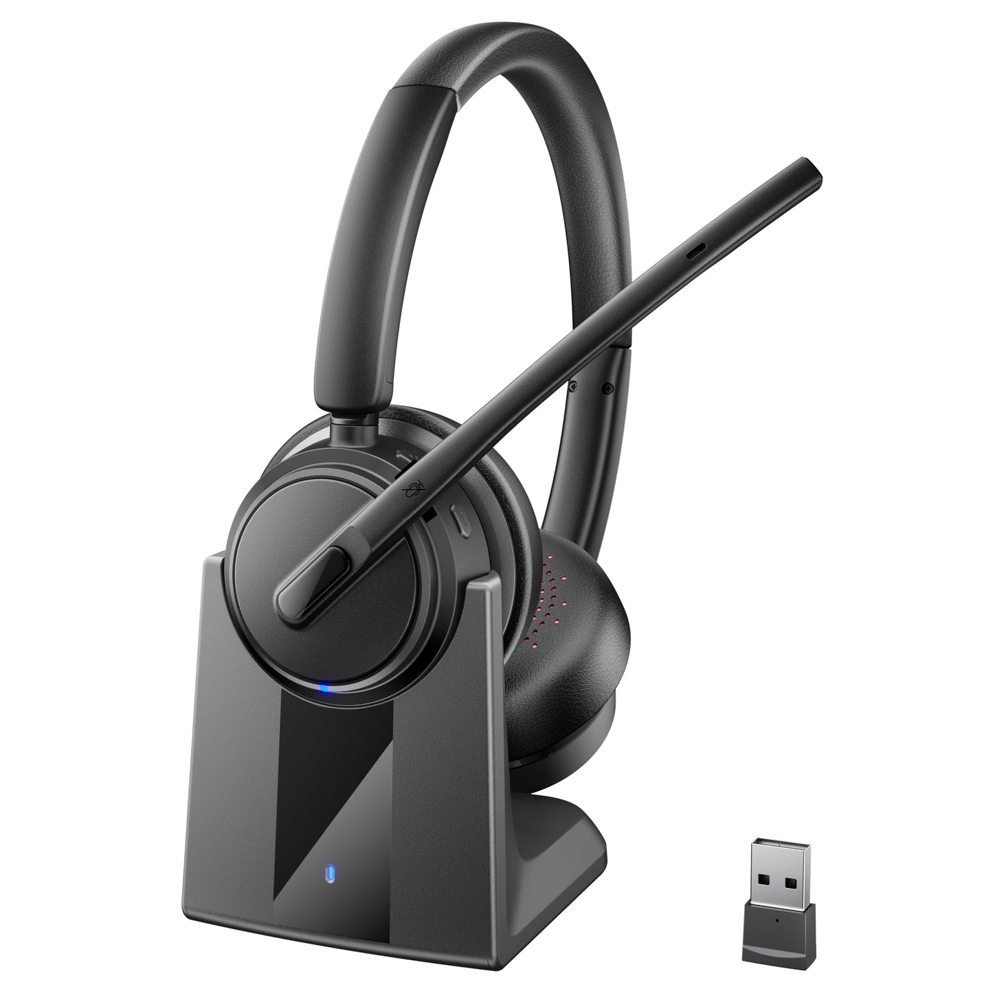 Mopchnic Wireless Headset with Noise Cancelling Microphone, On-Ear Bluetooth Headset with USB Dongle, Mute Function & Charging Base, Wireless Headphones for Work from Home and Call Center (Black)