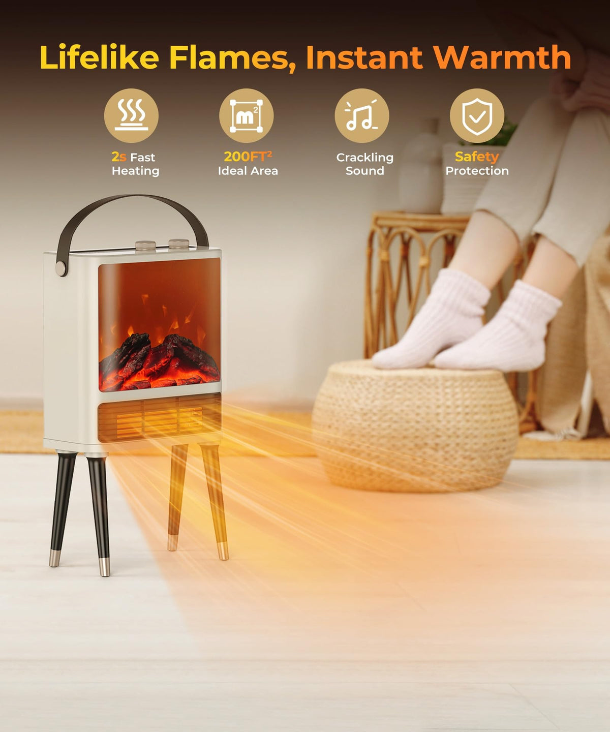 Fireplace Space Heater for Indoor Use, 1500W Freestanding Electric Heater with Realistic 3D LED Flame, 3 Modes, Overheating & Tip-Over Protection, Small Portable Heater for Bedroom Room Office, White