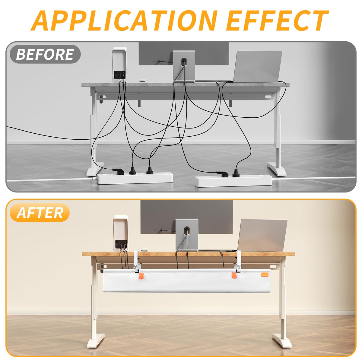 SUREUP9 Under Desk Cable Management Tray with Clamp, No Drill 36" Cord Organizer for Desk, Desk Cable Management Fabric Tray for Standing Desks, Ideal for Home & Office - White