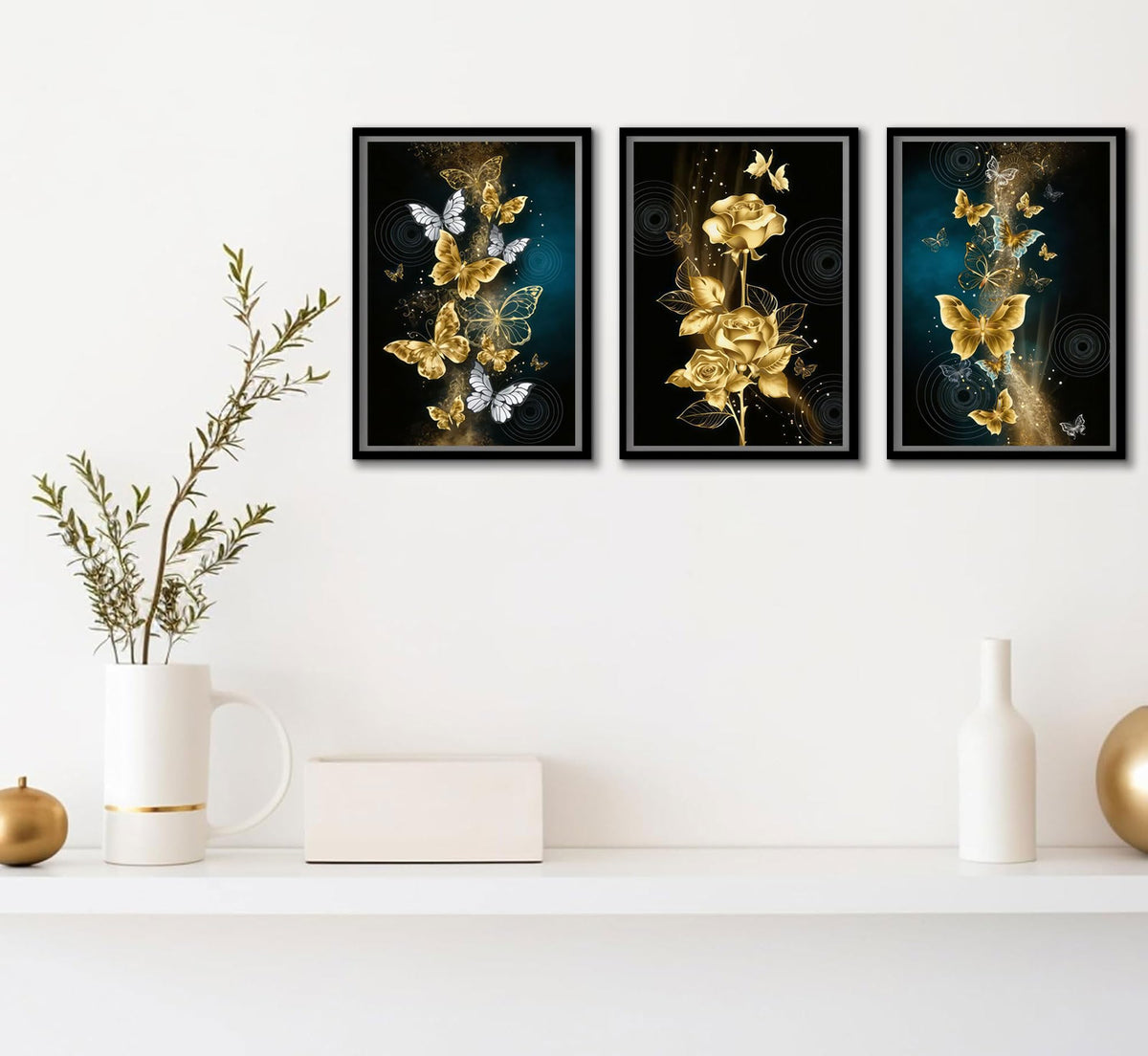 3Pcs Abstract Gold Butterfly Canvas Wall Art Gold Butterfly and Rose Posters Prints Painting Modern luxury Flowers Wall Decor pictures for Living Room Bedroom Home Decoration Unframed