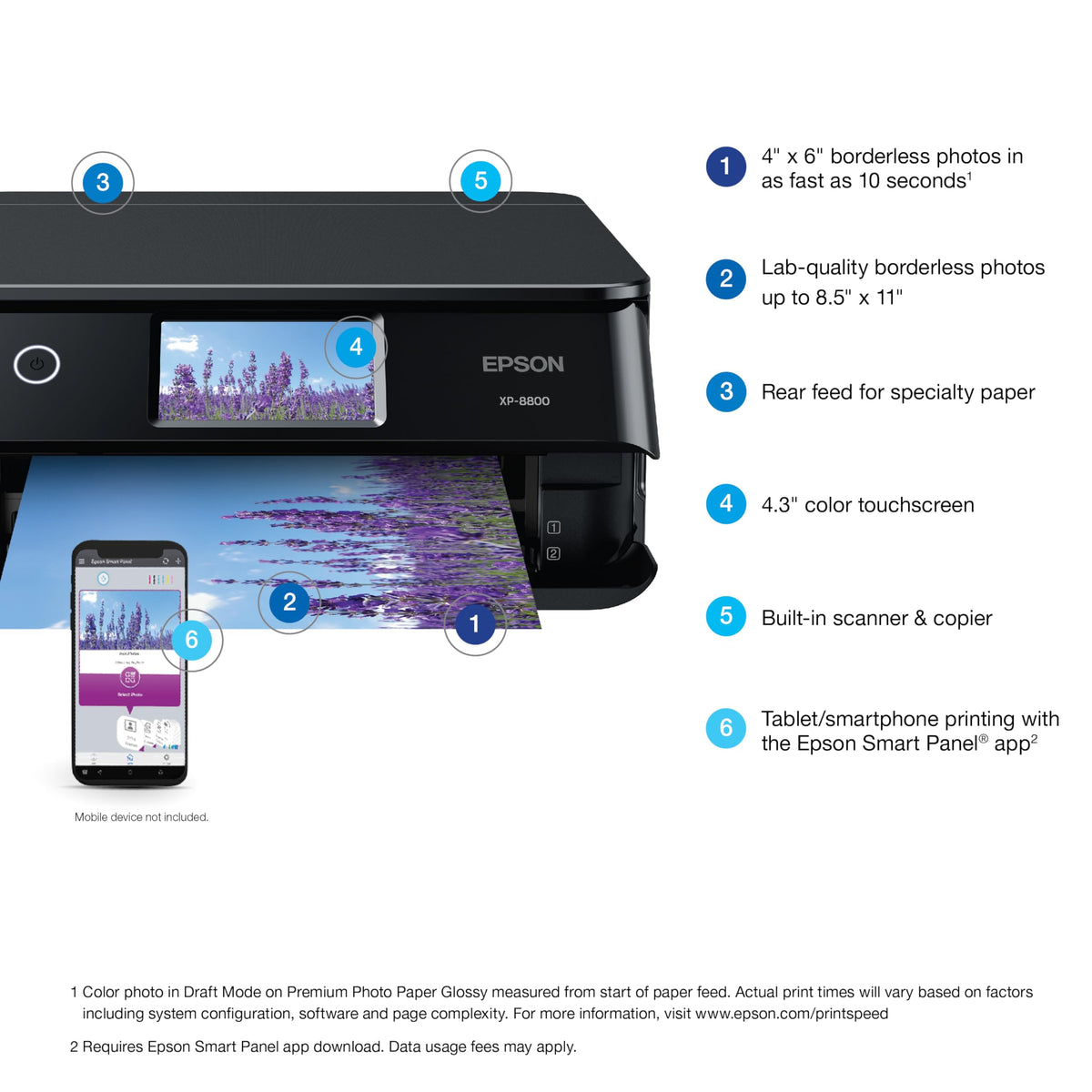 Epson Expression Photo XP-8800 Wireless Printer with 6-Color Claria Ink System, Borderless Prints up to 8.5" x 11", Fast Printing, 4.3" Color Touchscreen, Built-in Scanner and Copier