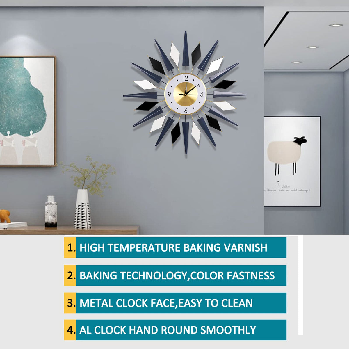 JUGV 28 Inch Modern Metal Unique Design Large Silent Wall Clocks Battery Operated Non Ticking, Wall Clock for Living Room Kitchen Office Decor
