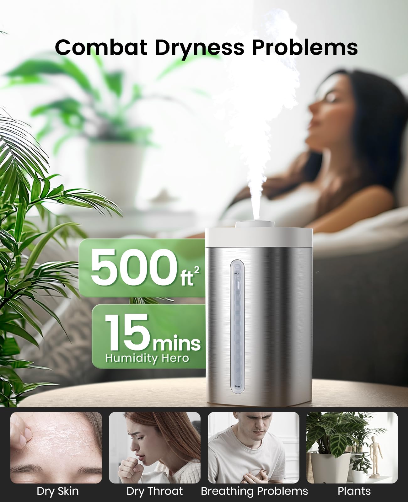 Jack & Rose Stainless Steel Humidifier, Easy to Clean, Dishwasher Safe, Cool Mist Humidifiers for Bedroom