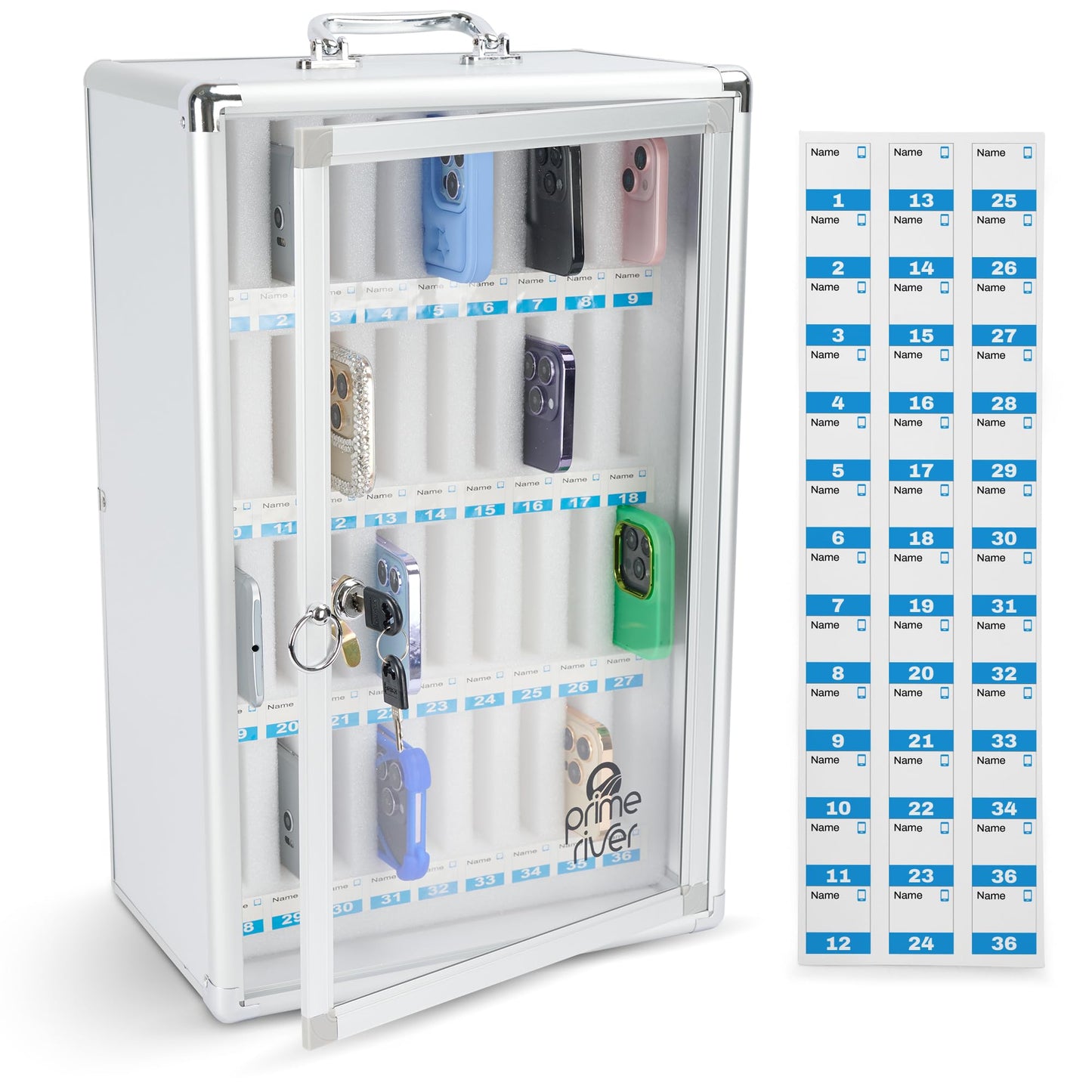 PRIMERIVER Cell Phone Locker for Classroom, Gym & Office | Secure Aluminum Storage Cabinet – 36 Slots | Portable & Wall-Mounted Organizer