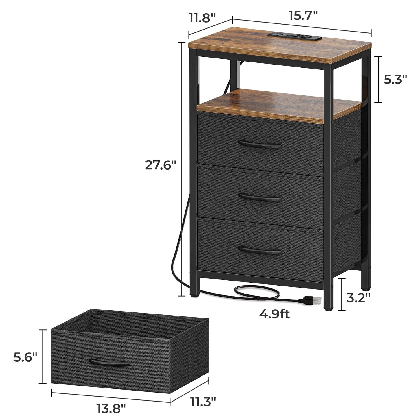 Huuger Nightstand with Charging Station, 27.6 Inch End Table Bedside Table with USB Ports and Outlets, Fabric Drawers, Night Stand for Bedroom, Rustic Brown and Black