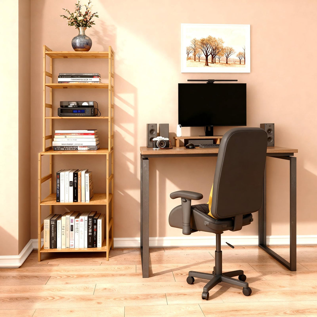 EIUTQRU Bamboo Living Room Bookcases, 6 Tier Standing Ladder Shelf Bookshelf, Multifunctional Narrow Shelving Unit Storage Rack for Garage, kitchen, Office, Bookroom, Corner, 42 x 30 x 160 cm