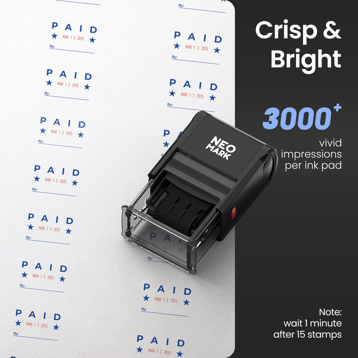 NEO MARK Large Self-Inking Date Office Stamp with Paid Blue Ink & Date Red Ink, 12-Year Adjustable Rubber Dater, Ideal for Documents, Business & Accounting - with an Extra Refill Ink Pad