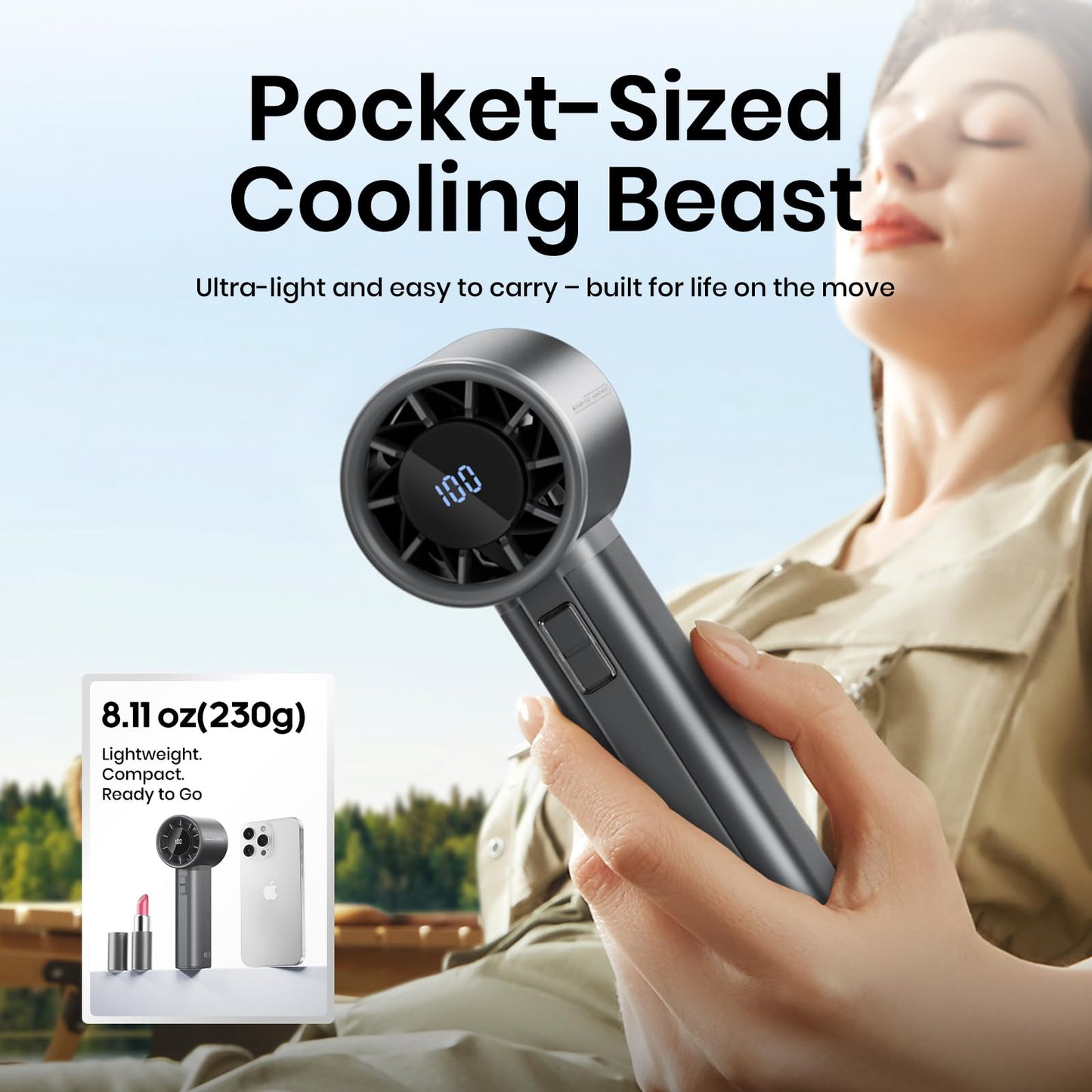 Sowmow Portable Handheld Turbo Fan, 100 Speeds Adjustable Mini Personal Fan, 4500mAh USB-C Rechargeable Battery Operated, Digital Display, Ultra-Quiet & Durable for Travel, Office, Gym, Outdoor Black