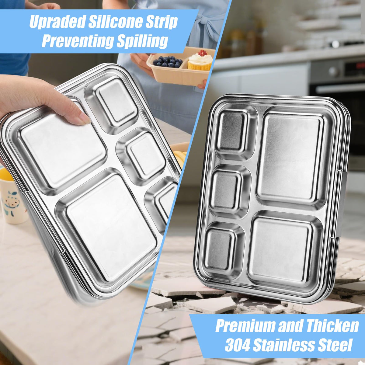 Palksky Lunch Bento Box Stainless Steel, Metal Bento Boxes for Kids Leak-Proof, 5 Compartments Lunchable Food Storage Containers with Lid for School, Office, Travel - Blue