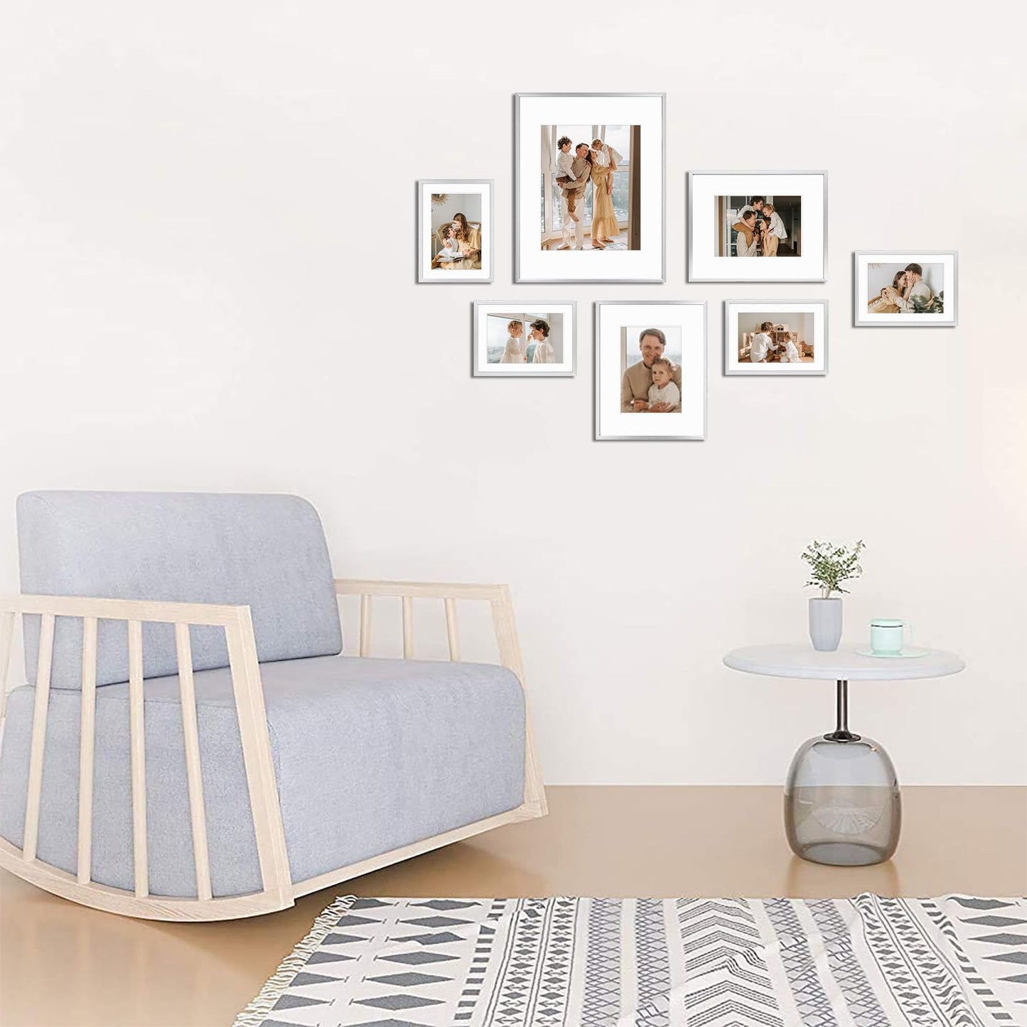 Golden State Art, Aluminum Gallery Wall Frame Set of 7 - Includes One 11x14, Two 8x10, and Four 5x7 - Metal Frames with Mat & Real Glass Cover for Elegant Home or Office Decor (Style 2, Silver)