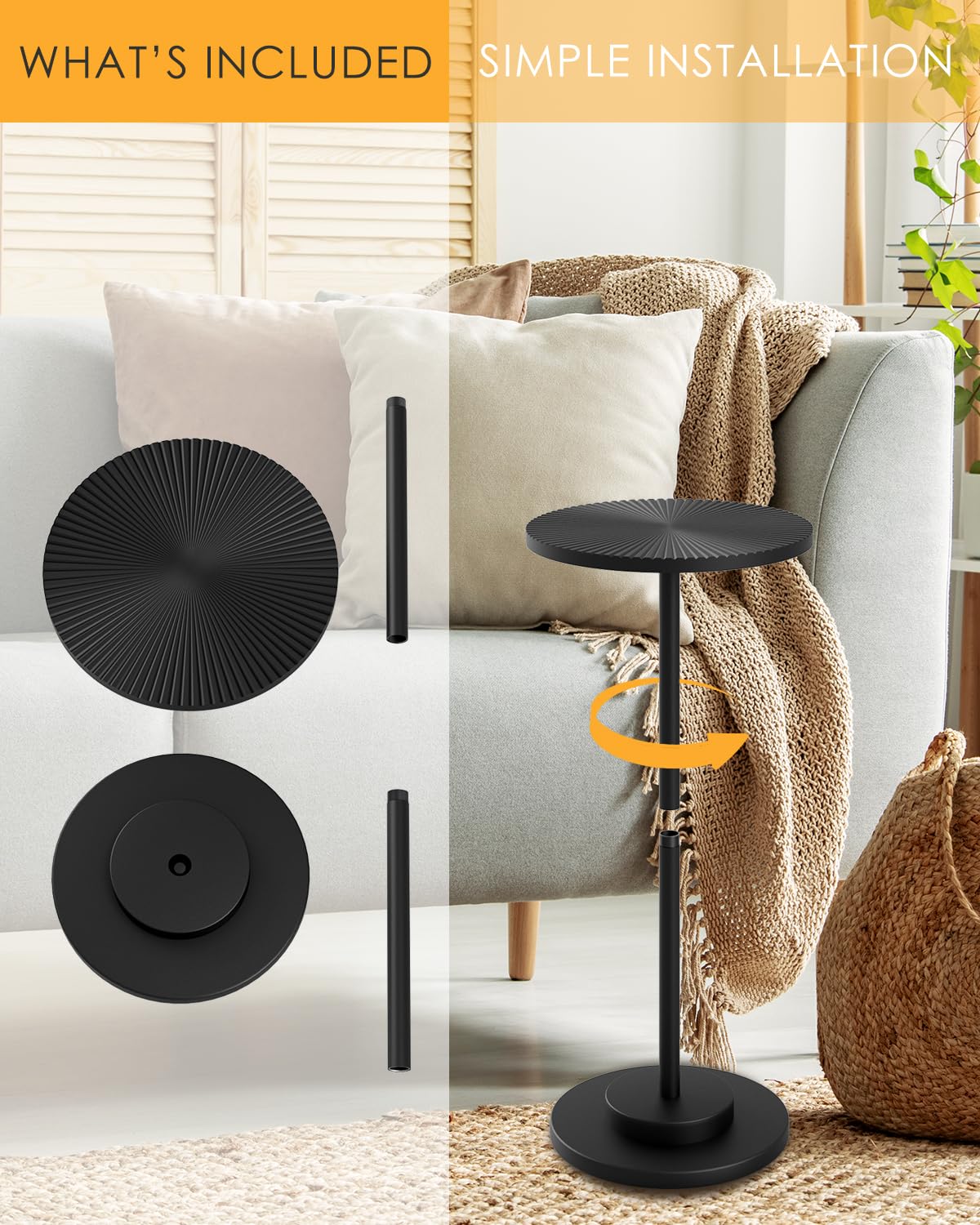 Round Side Table, Small Drink Table for Small Spaces, Modern Accent End Table with Metal Leg for Living Room, Bedroom, Corners, and Office (Black)
