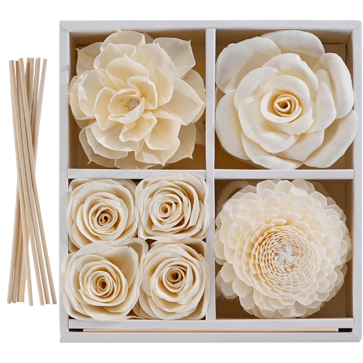 Flower Reed Diffuser Sola Wood Flowers Natural Material Aromatherapy Reed Decorative Aromatherapy Flower Refill Diffuser Reeds, 7Pcs Flower, 7Pcs Rope, 8 Pcs Diffuser Rattan (2-3.5 Inches, White)