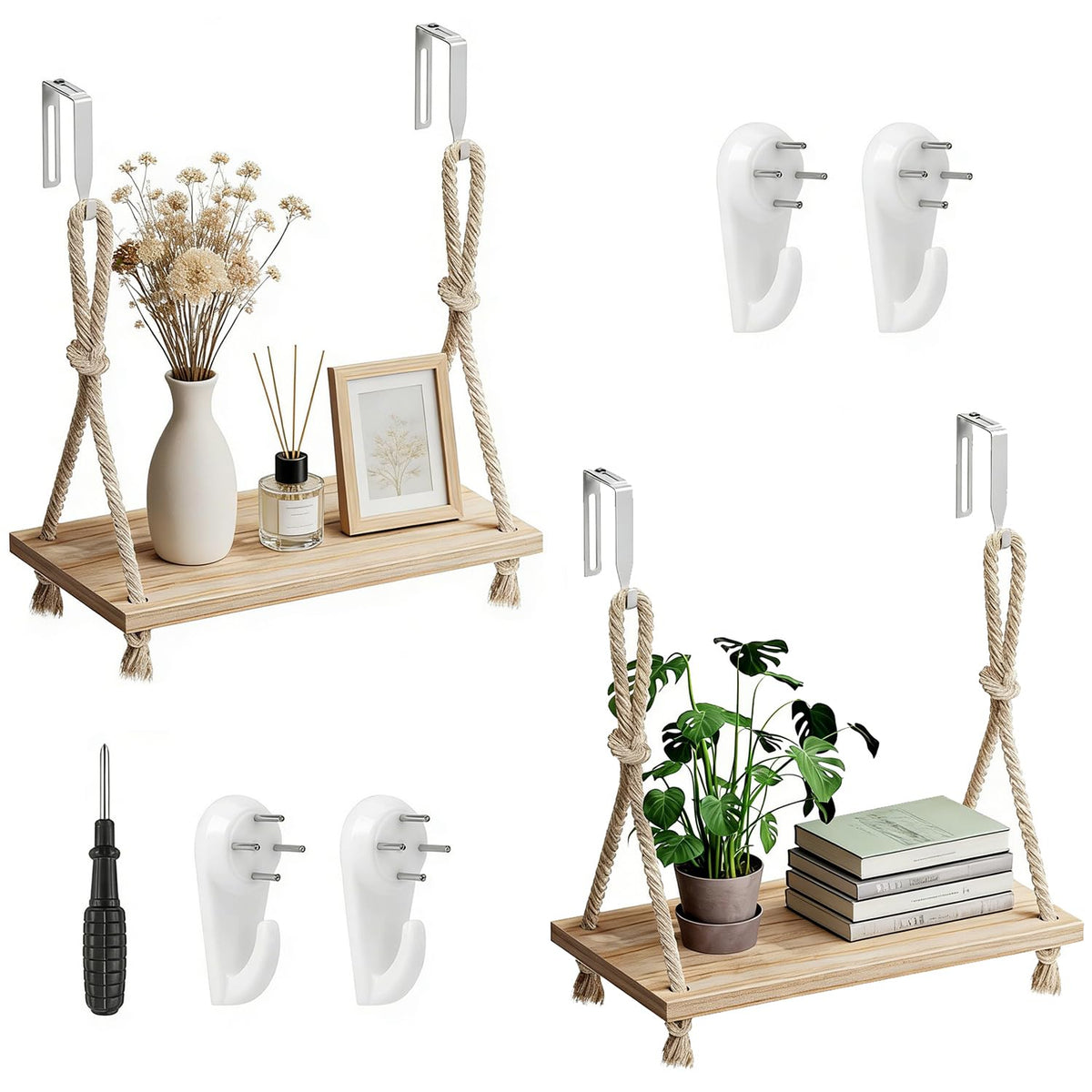 2 Pack Fabric Wall Cubicle Shelf, 11.8" Wooden Hanging Cubicle Shelf Organizer with Hooks, Dual Mounting Options, Cotton Rope Storage Shelf, No-Drill Boho Style for Office Cubicles & Desk Decor