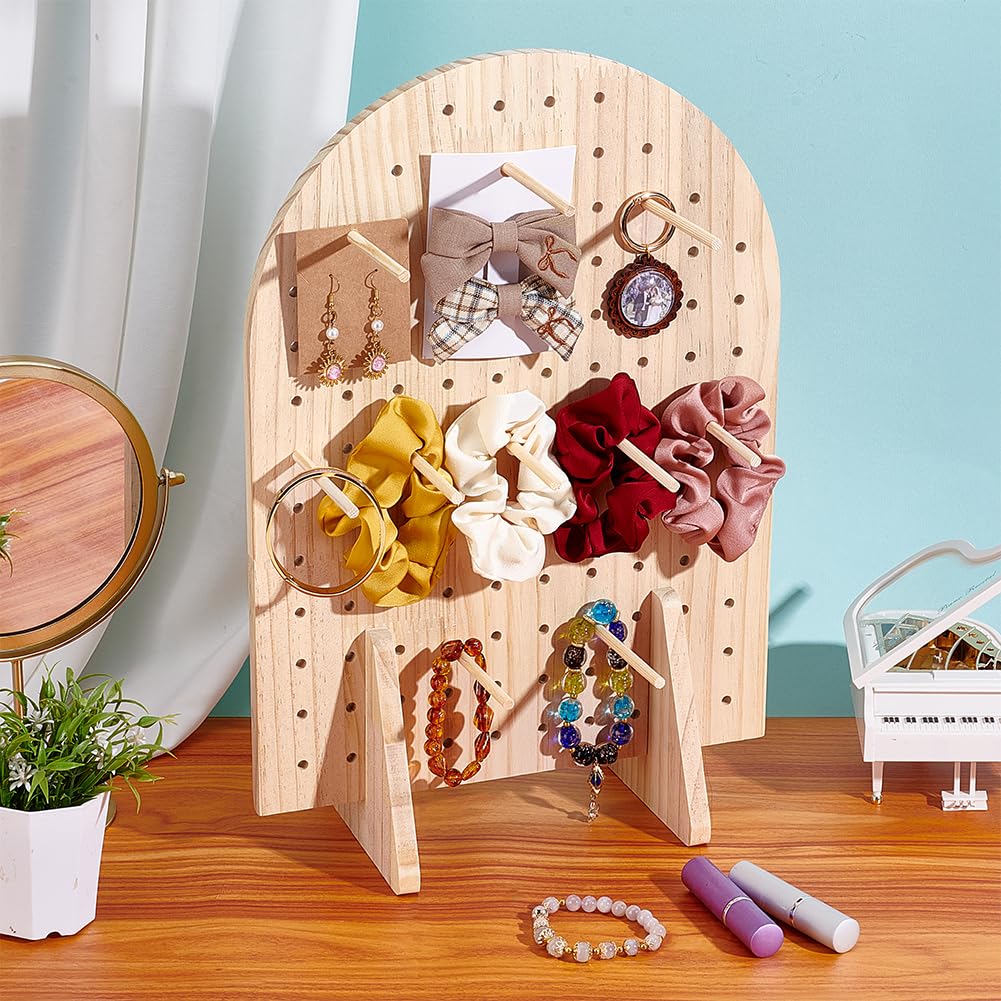 PH PandaHall Wooden Pegboard Display Stand with 25 Pcs Wood Dowel Rods Oval Jewelry Organizer for Necklaces, Keychains, Earrings, Pins, Perfect for Craft Shows, Vendor Events, Selling, 5x11x17inch