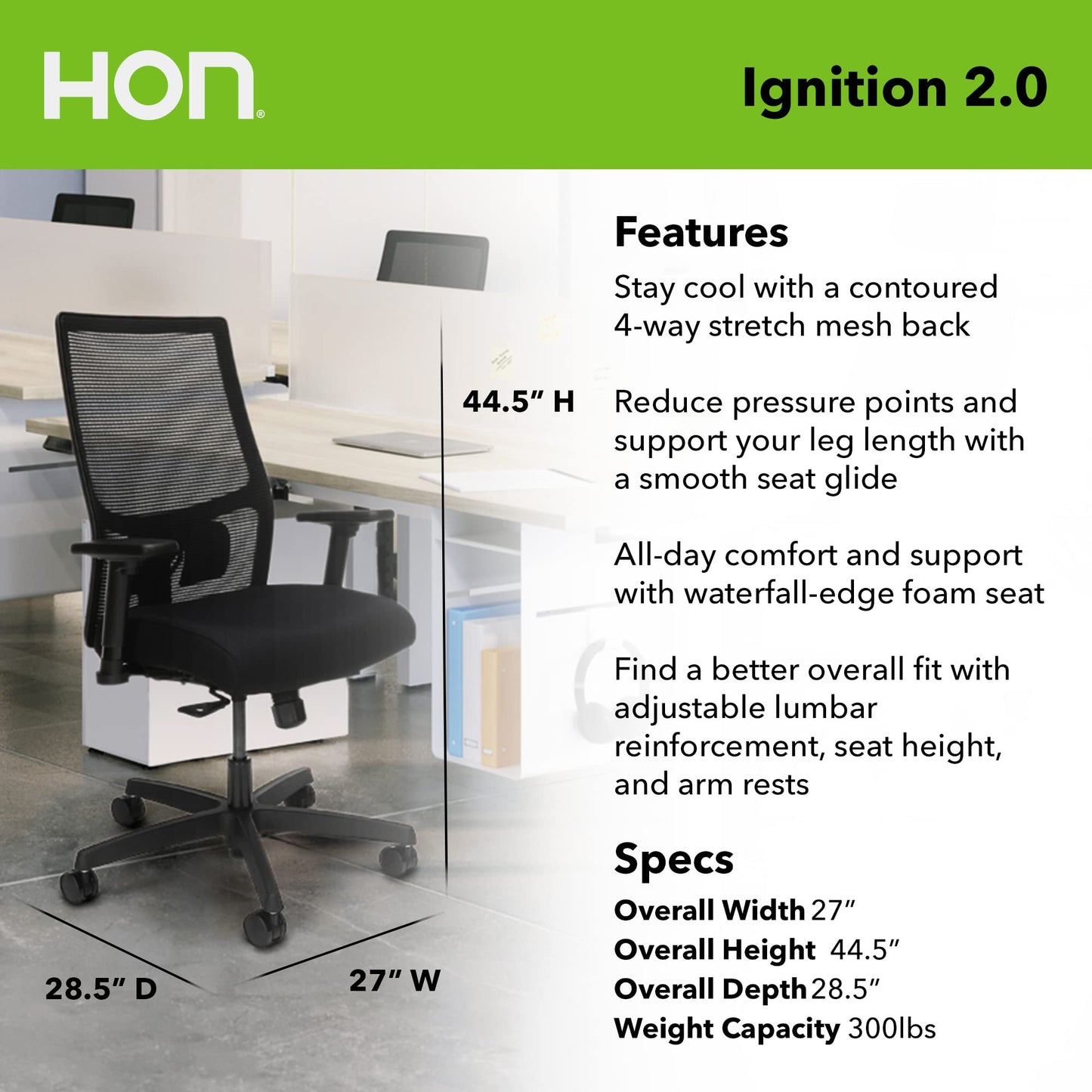 Bundle of HON Office Desk Chair Ignition 2.0 - Ergonomic Desk Chair, Home Office Chairs, Adjustable Lumbar & Armrests, Black + Carpet Chair Mat (36” x 48”)