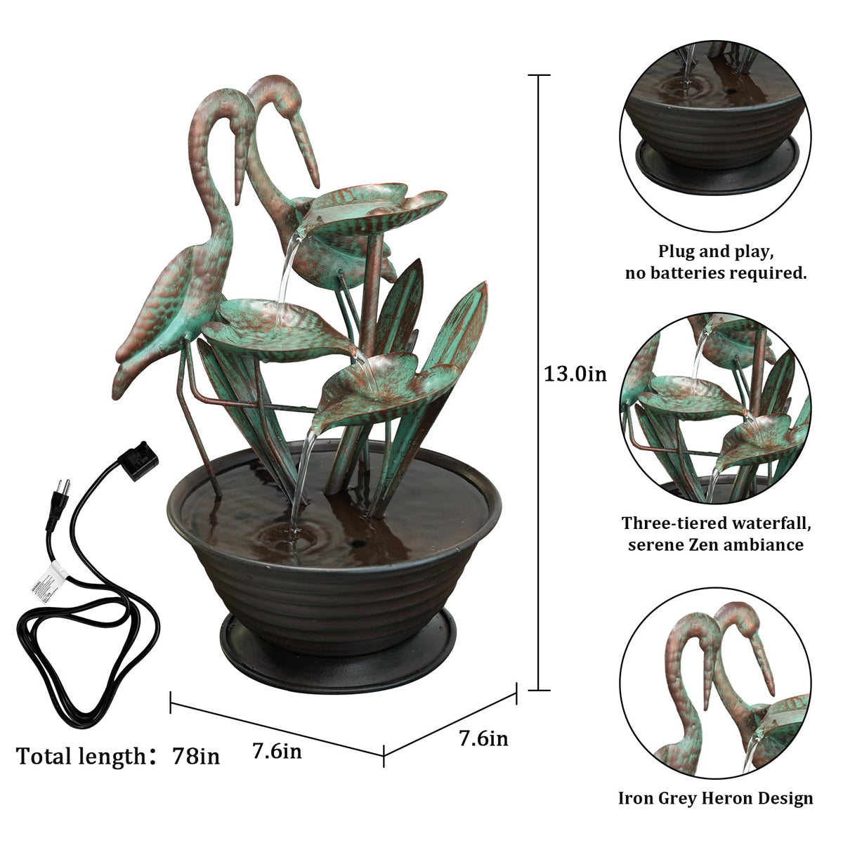YEAHOME Tabletop Water Fountain with Standing Metal Crane for Home Decor, 3-Tier Lotus Leaf Indoor Zen Waterfall Fountains for Apartment, Living Room, Housewarming Gifts