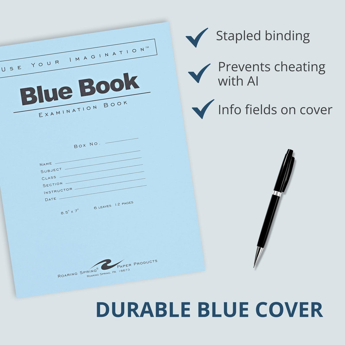 ROARING SPRING Exam Blue Books, 50 School Examination Booklets, 8.5" x 7", 6 Sheets/12 Pages, Wide-Ruled with Margin Student Testbook, Made in USA