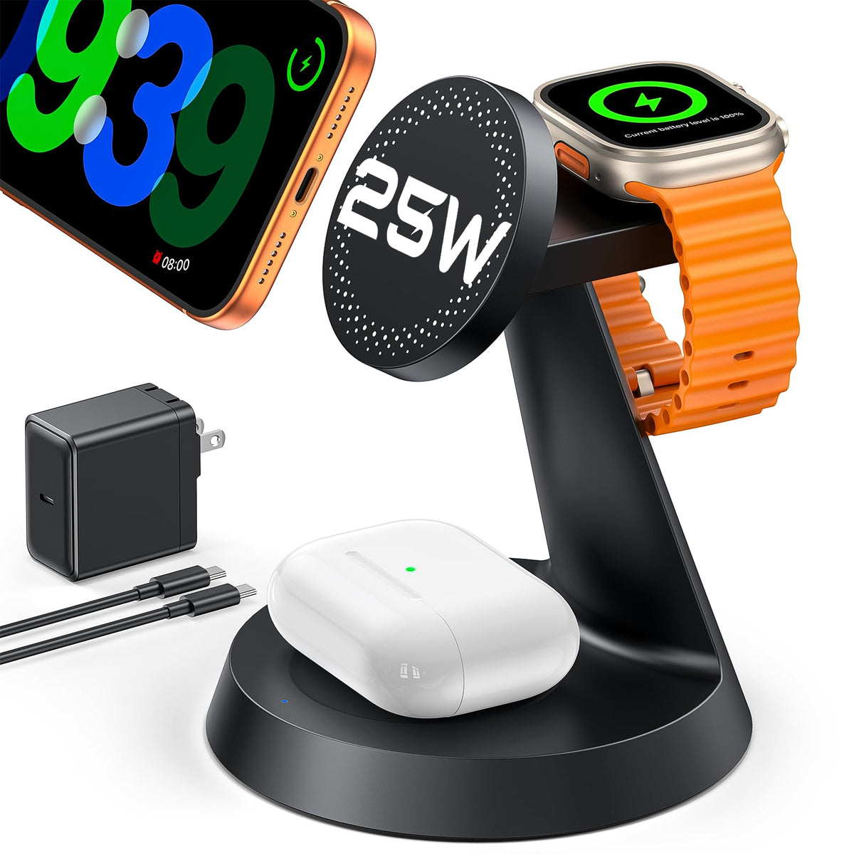 25W Fast Charging Station Designed for MagSafe Charger for iPhone 17 16 Series, 3 in 1 Magnetic Wireless Charging Stand with 45W Adapter for iWatch & Earbuds, Charger Dock with Heat Dissipation
