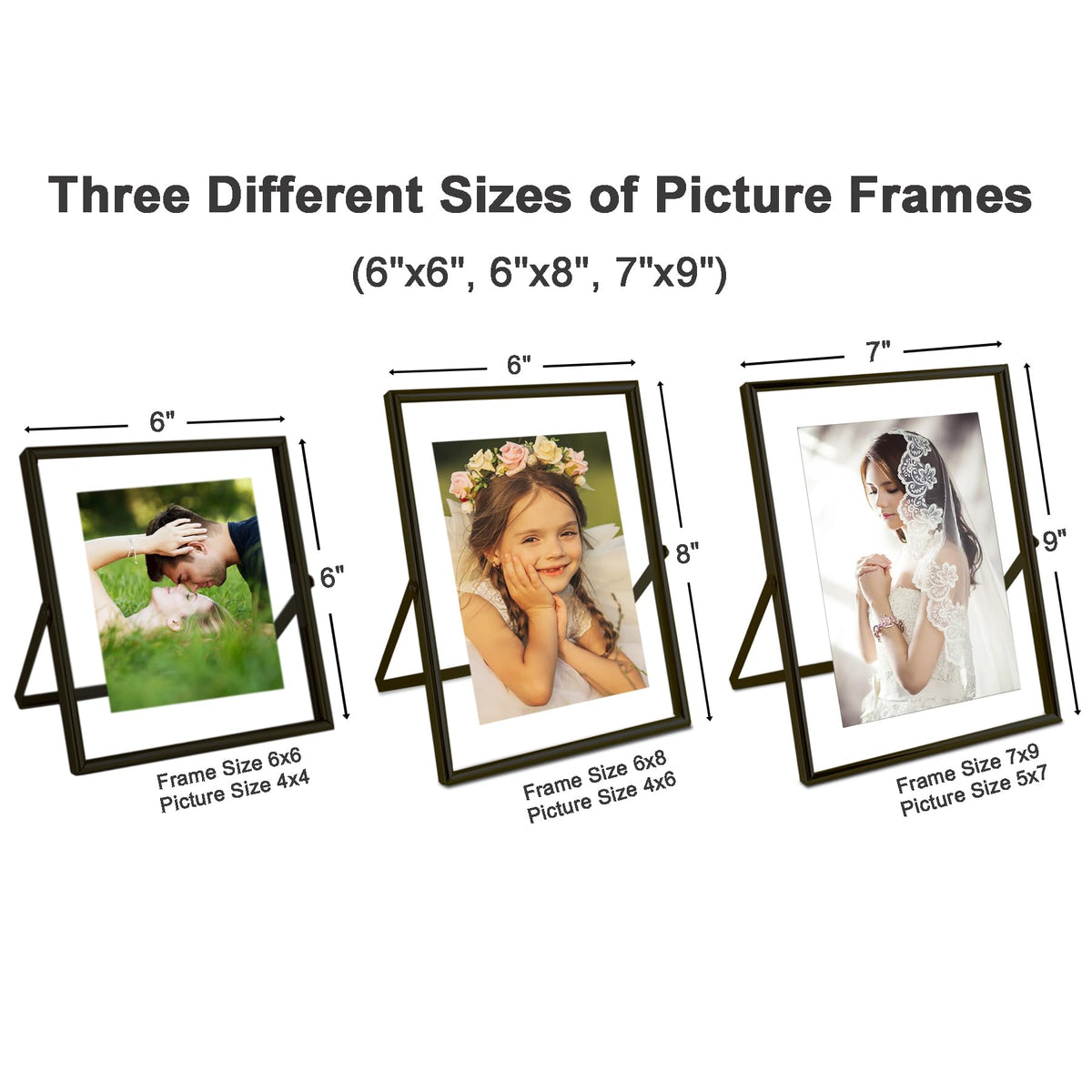 CROXXID Black Floating Picture Frames - Set of 3, for Photo Size 4×4, 4×6, 5×7, Vertical Tabletop Display, Double Glass Metal Frame for Wedding, Home or Office Desk Decoration (Black)