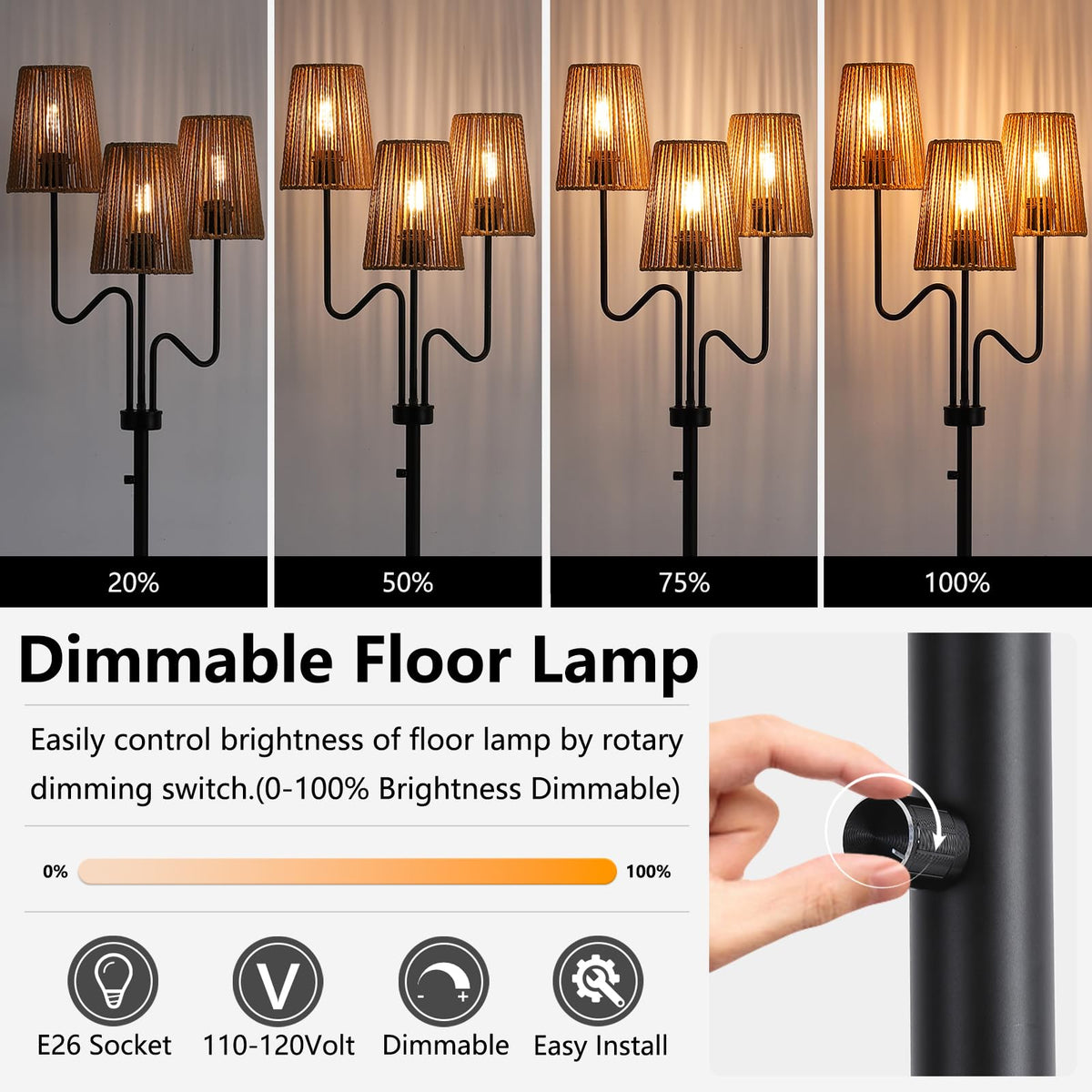 9MMML Farmhouse Boho Dimmable Floor Lamp with Rattan Shade, 68'' Tall Floor Standing Lamp, 3-Light Floor Lamp for Living Room, Bedroom, Office, Corner, 3 x E26 LED Bulb Included
