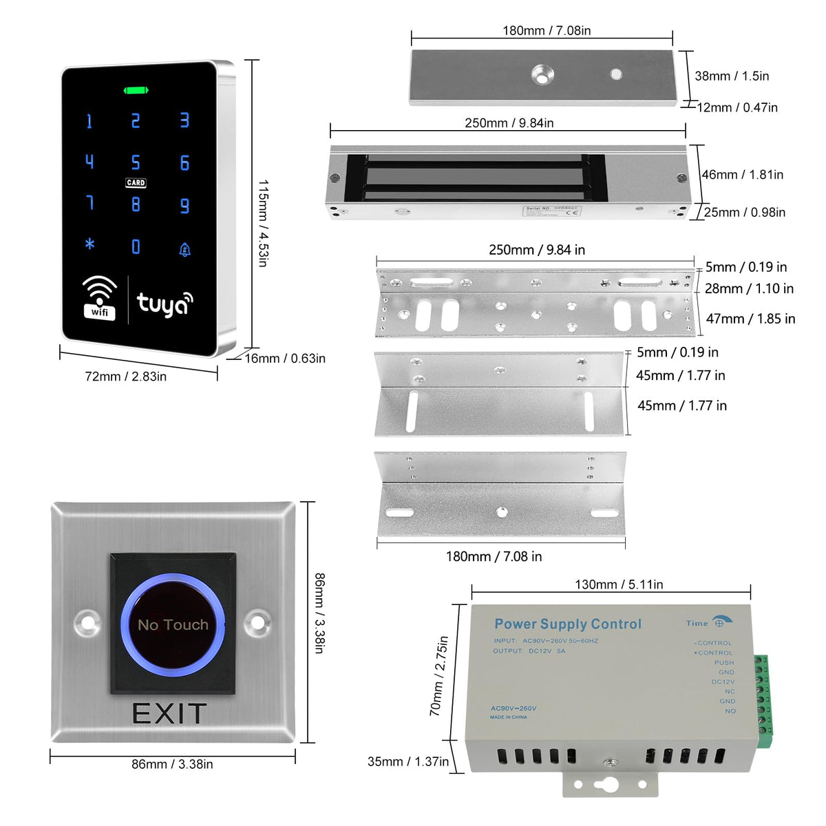 XYBkey WiFi TUYA Complete Security Access System Kit with Waterproof RFID Touch Keypad Door Lock, Smart Remote Door Opener, App，600-Pound Electric Magnetic Lock + ZL, Metal Sensor Switch, Doorbel