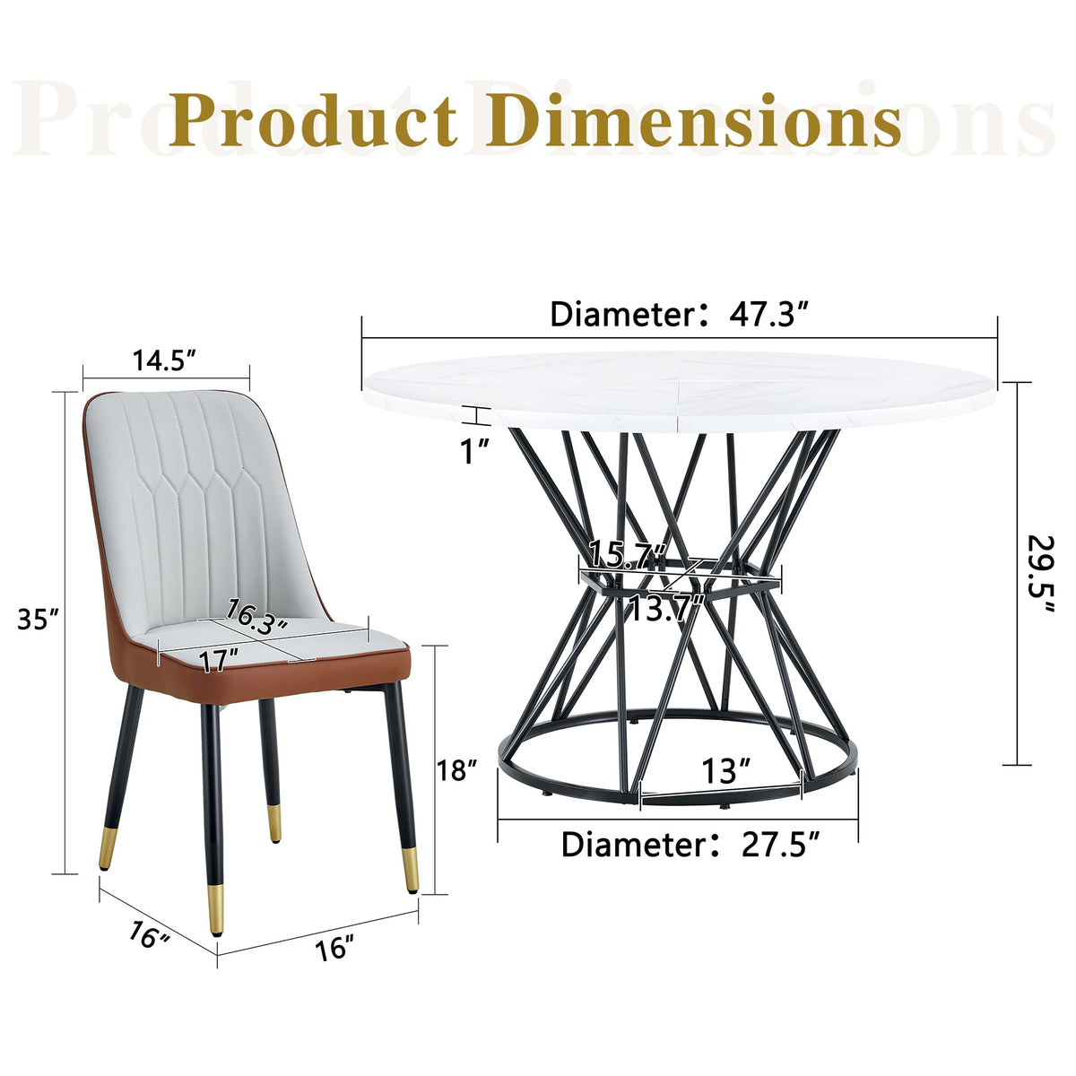 KEIKI Round Dining Table Set for 4, 47.3" White Faux Marble Kitchen Table with Black Metal Base & 4 Brown Gray PU Leather Chairs, Modern Industrial Dining Room Set with Gold Accent for Apartment