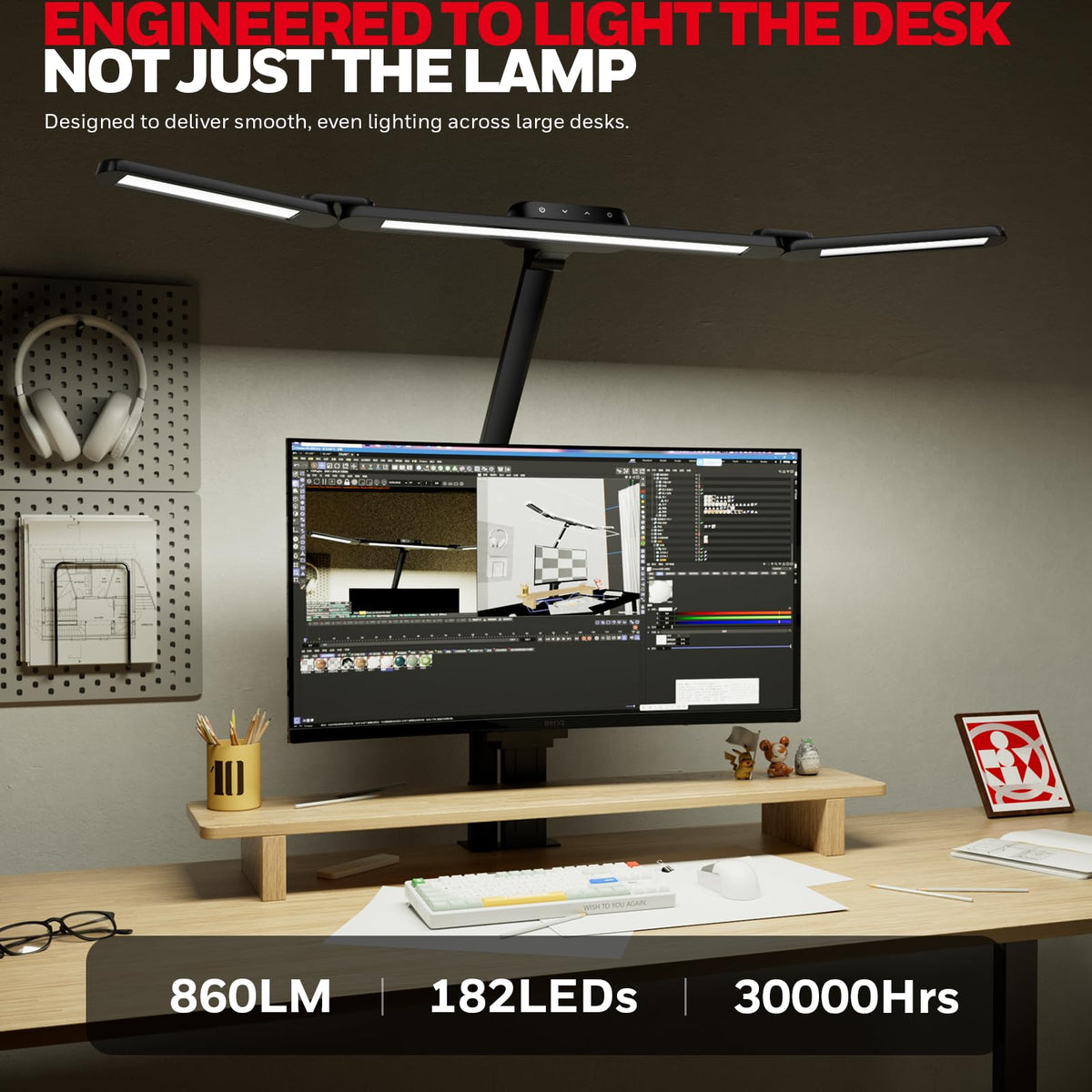 Honeywell Wide Desk Lamp with Clamp for Dual Monitors, 22W Full-Spectrum Eye-Caring LED Desk Lamp for Home Office, 3-Section Adjustable Architect Light for Large Desk, Stepless Dimming, 3000K-5700K