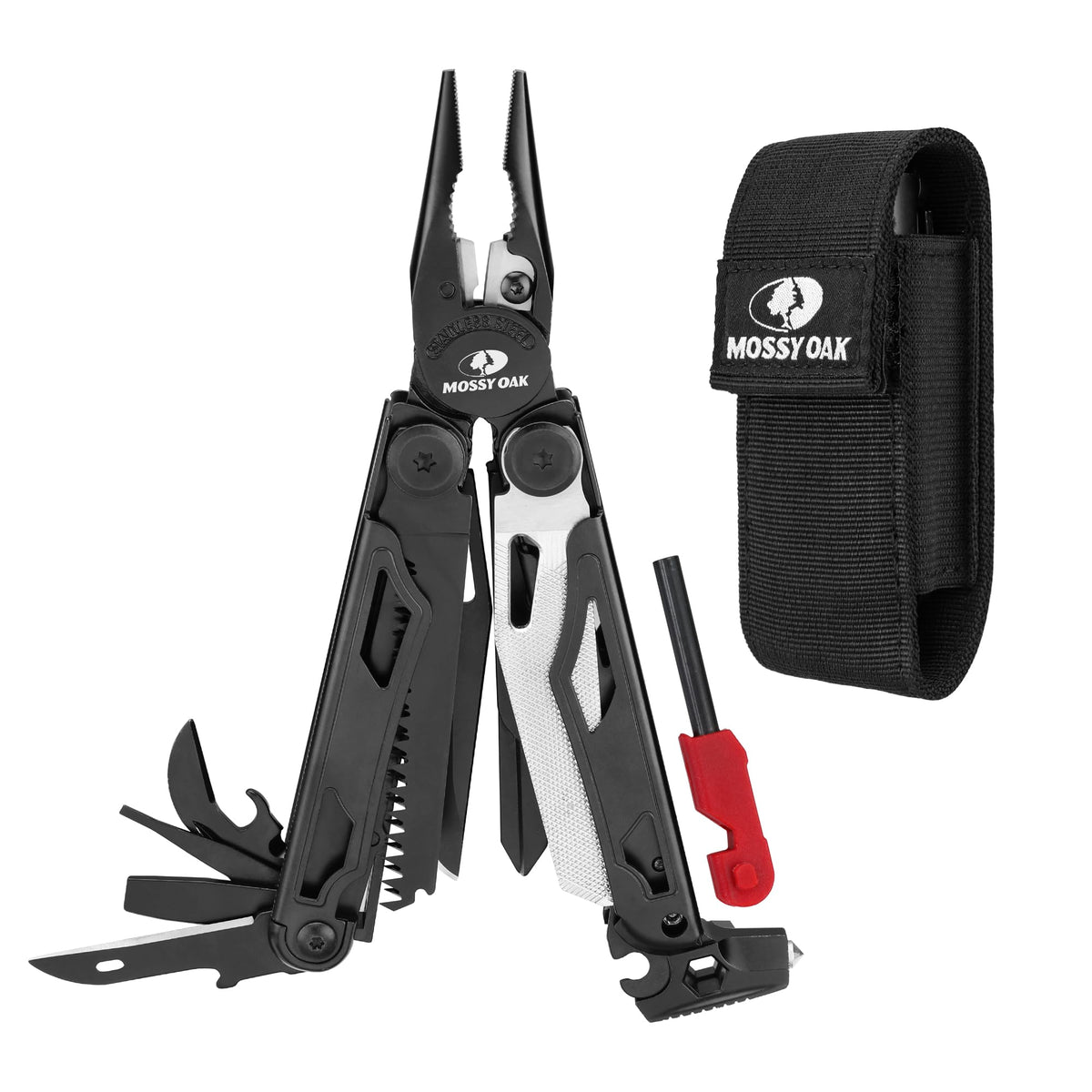 MOSSY OAK Multitool, 19-in-1 Stainless Steel Multi Tool Pliers, Survival Tools with Fire Starter, Window Breaker, Whistler, Self-locking EDC Gear with Sheath for Outdoor, Survival, Camping, Hiking